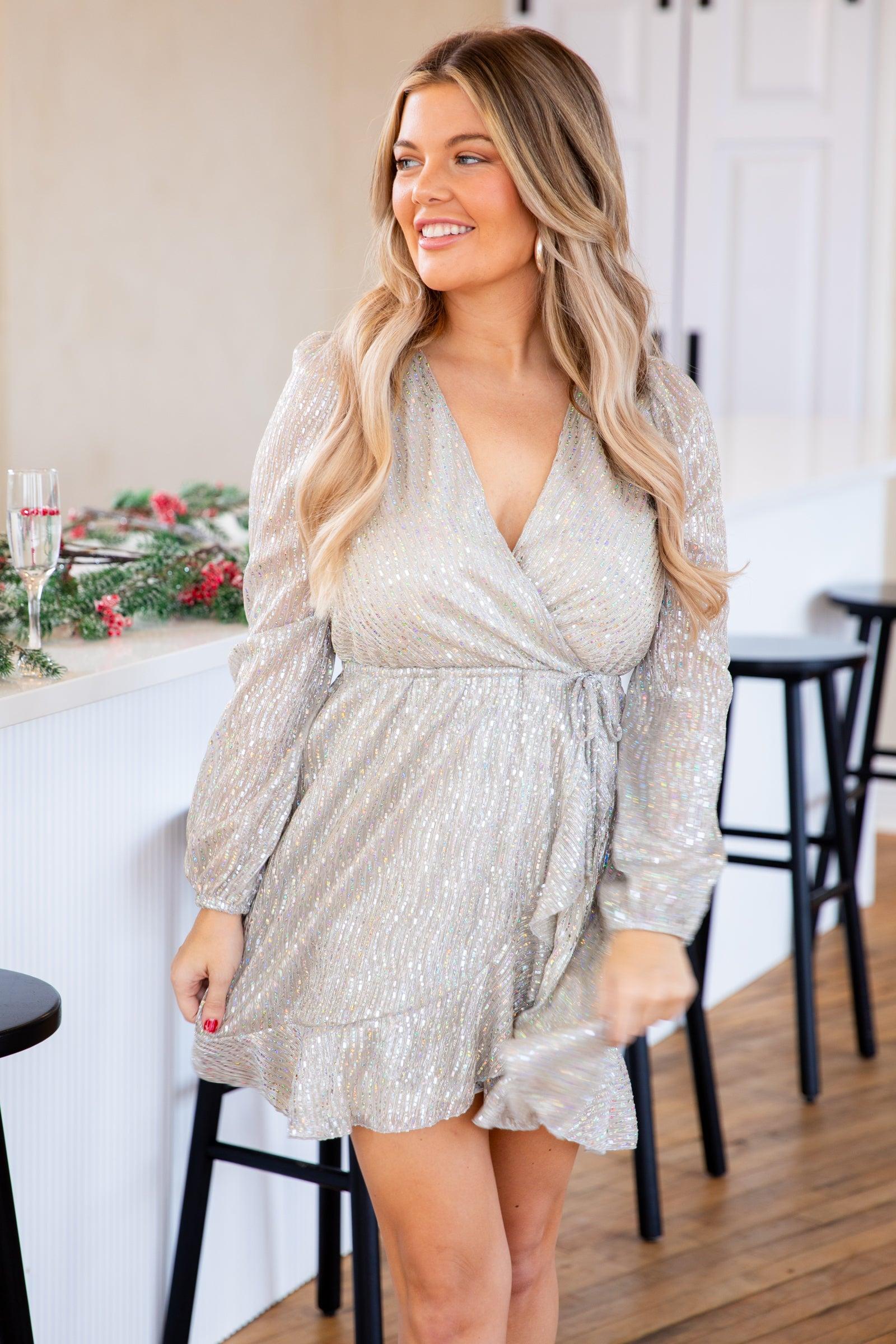 Silver Metallic Long Sleeve Wrap Dress Product Image