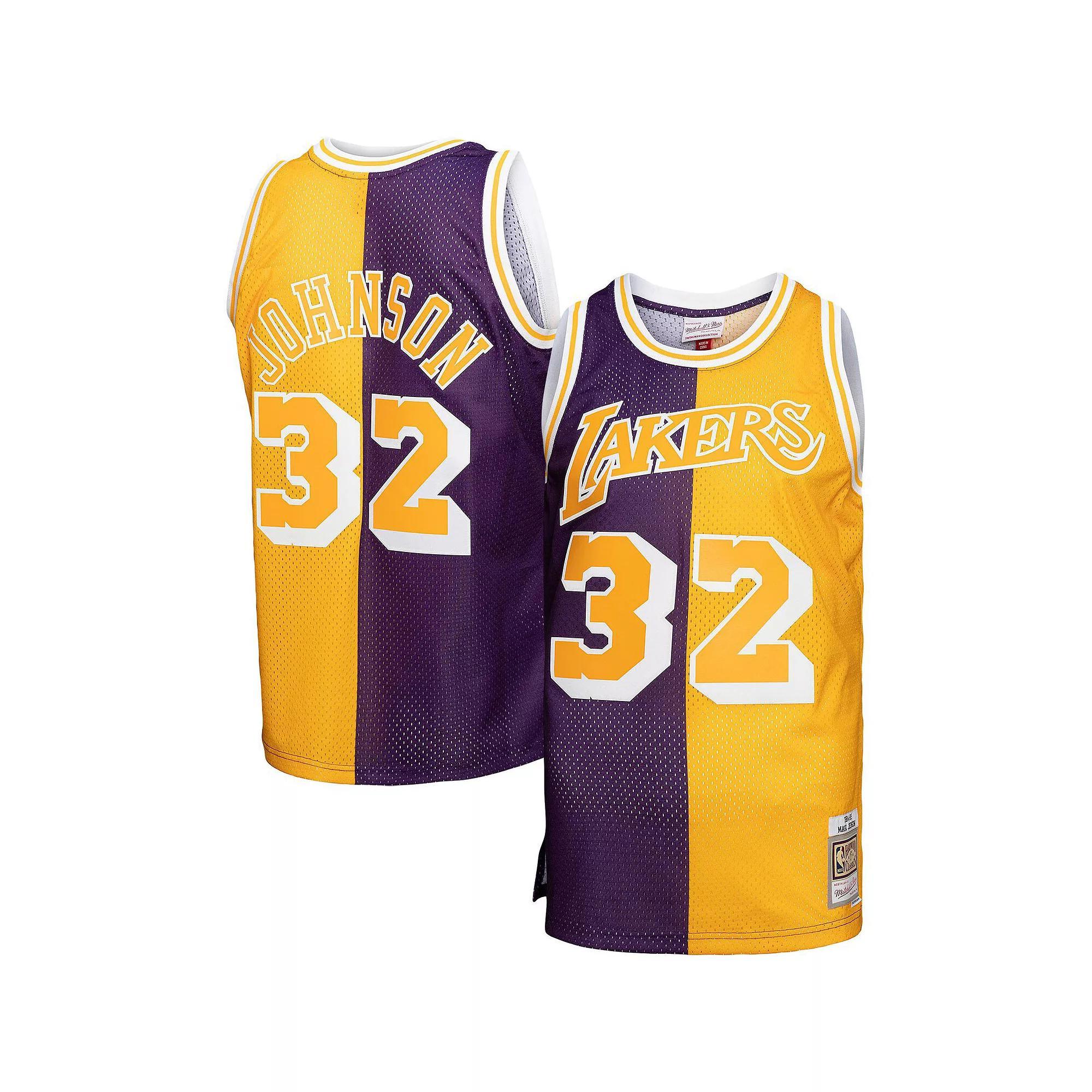 Men's Mitchell & Ness Magic Johnson Purple/Gold Los Angeles Lakers Big & Tall Hardwood Classics 1984-85 Split Swingman Jersey, Size: 3XB Product Image