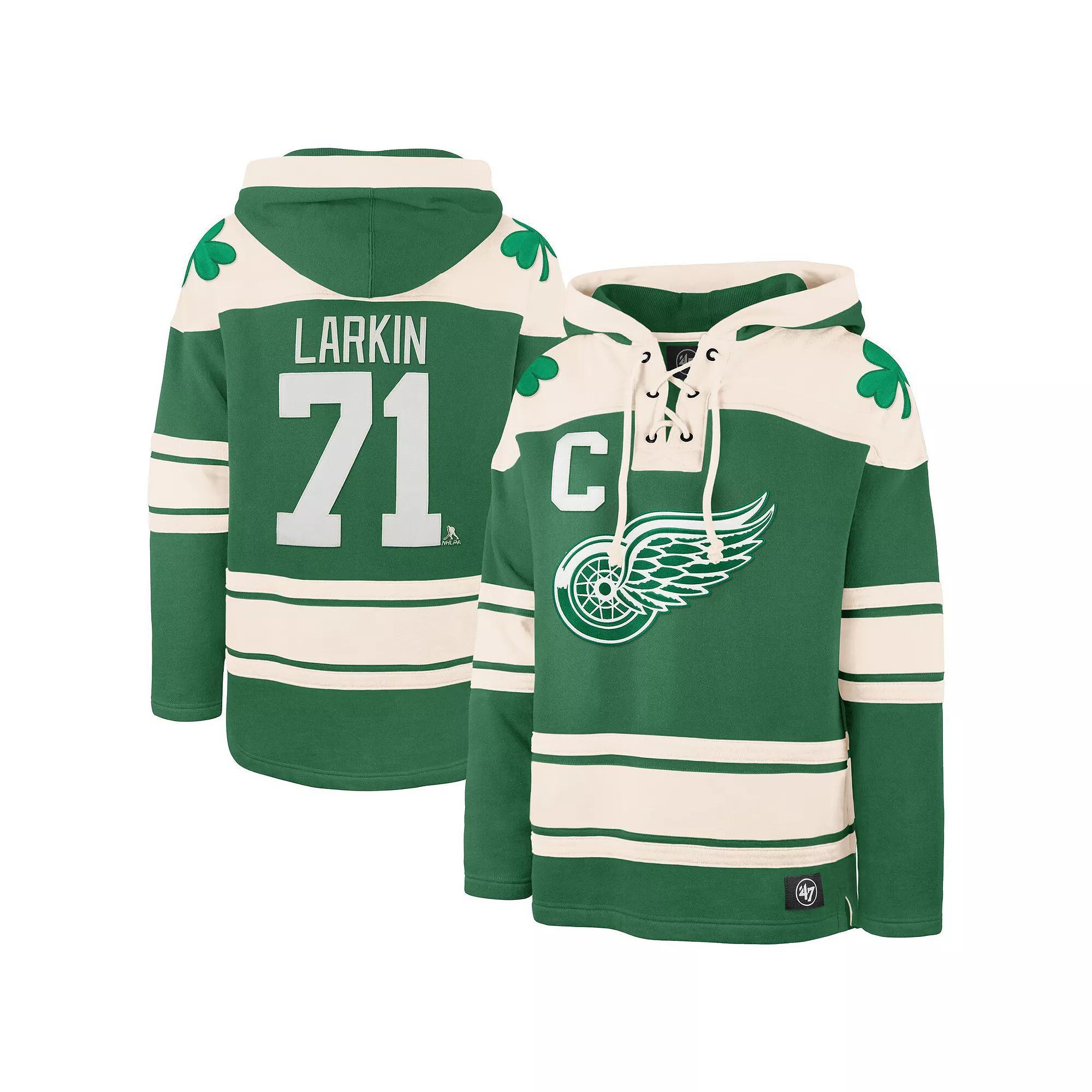 Men's '47 Dylan Larkin Kelly Green Detroit Red Wings St. Patrick's Day Player Name & Number Lacer Pullover Hoodie, Size: XL Product Image