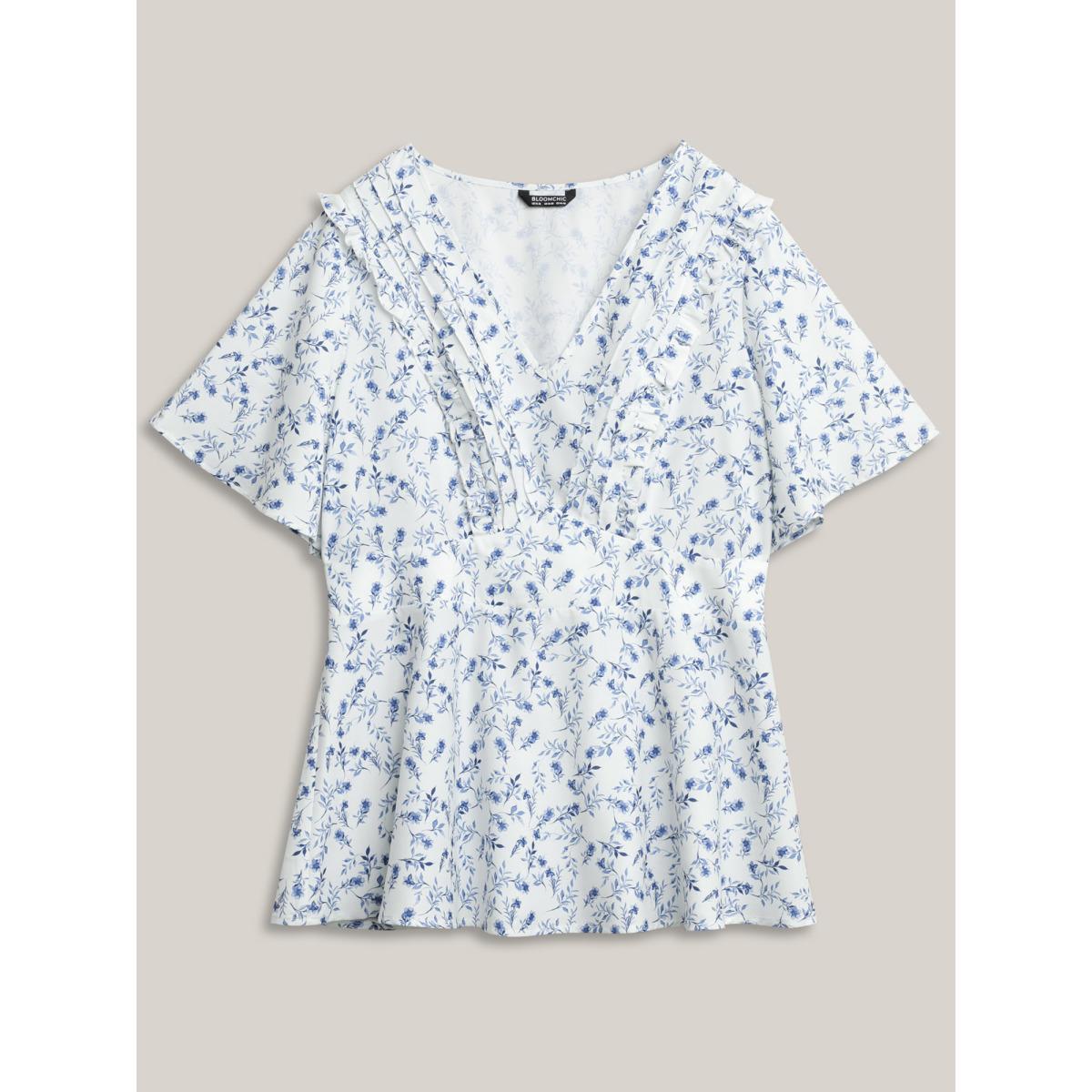 Plus Size Ivory Floral Pleated Elastic Waist Ruffle Sleeve Blouse Women Elegant Half Sleeve V-neck Everyday Blouses BloomChic 28/5X Product Image