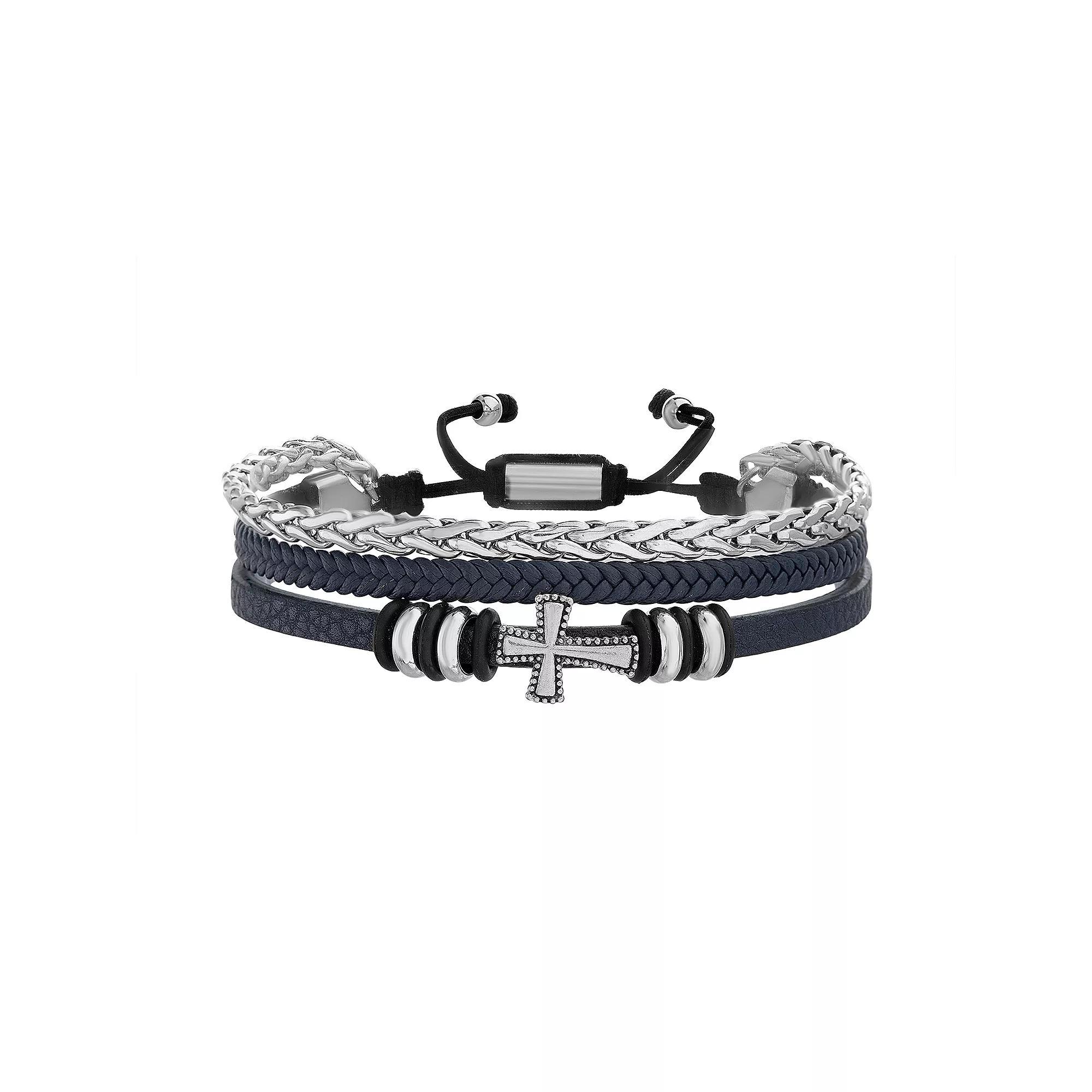 1913 Mens Stainless Steel & Black Leather Double Strand Adjustable Bracelet, Size: 7.75+3ADJ Product Image