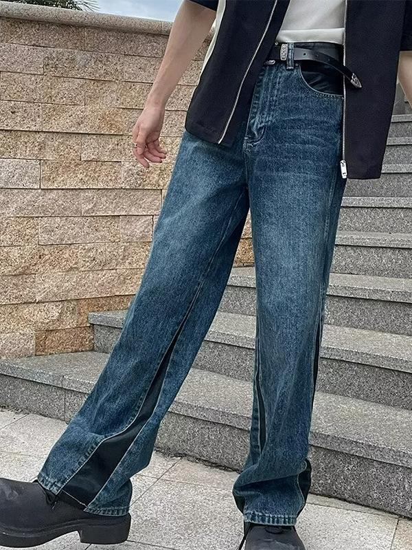 Men's Vintage Blue Splice Loose Jeans Product Image