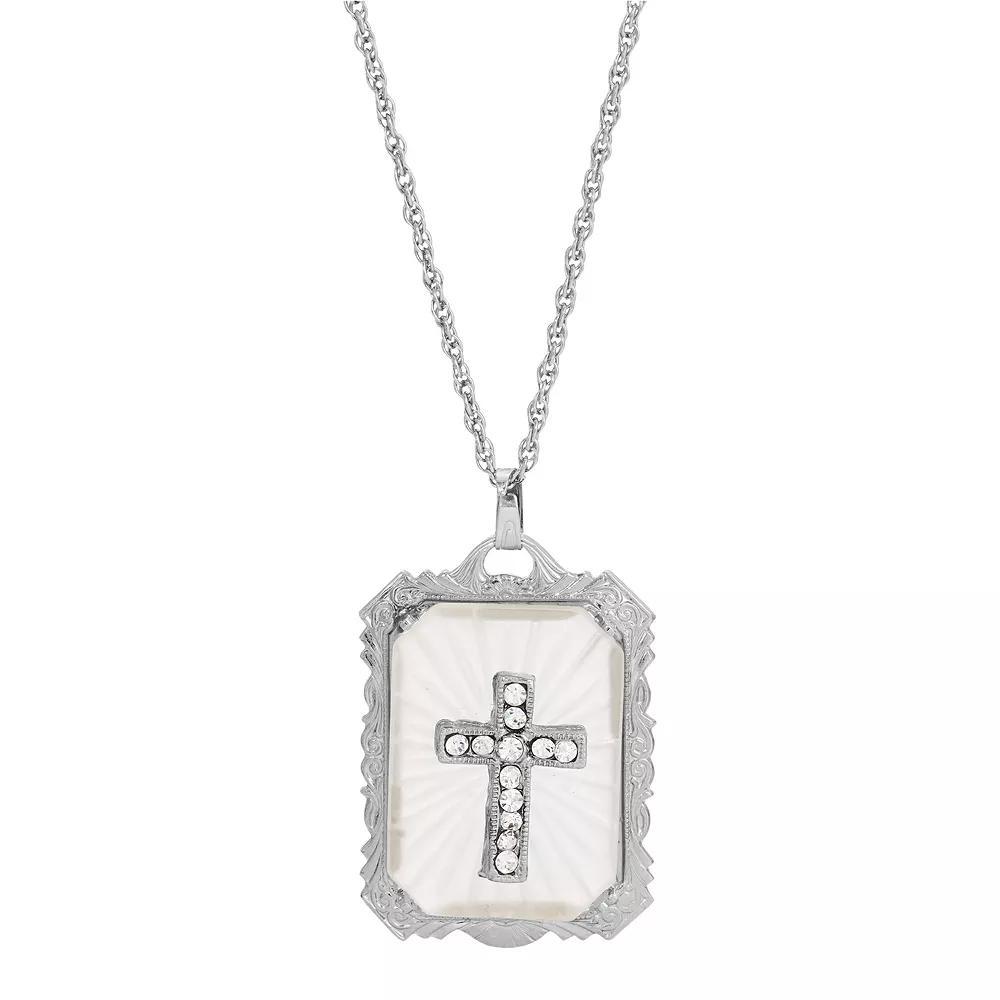 Symbols of Faith Silver-Tone Frosted Stone with Crystal Cross Large Pendant Necklace, Womens, White Product Image