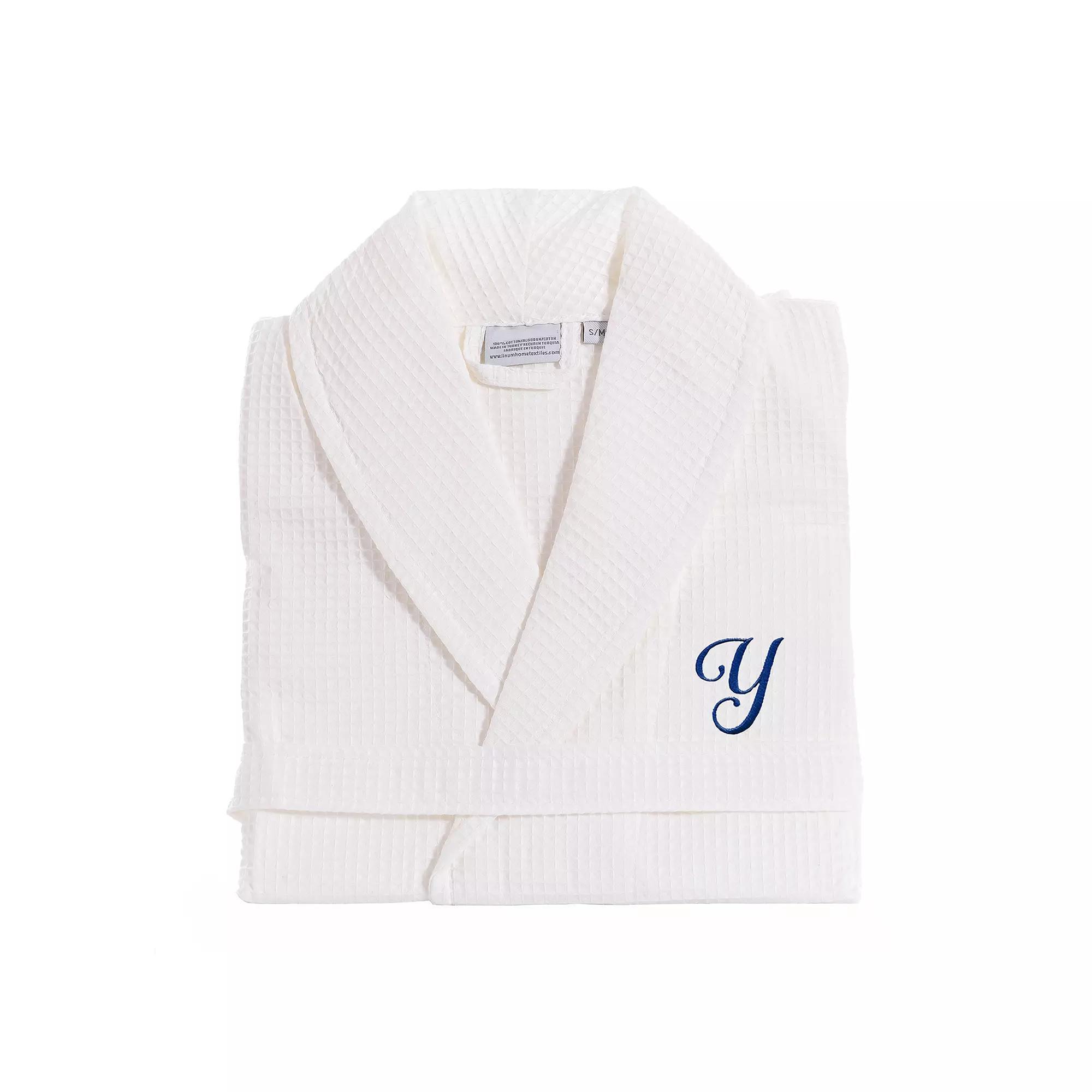 Linum Home Textiles Turkish Cotton Personalized Waffle Weave Bathrobe, Women's, Size: Small/Medium, White Navy D Product Image