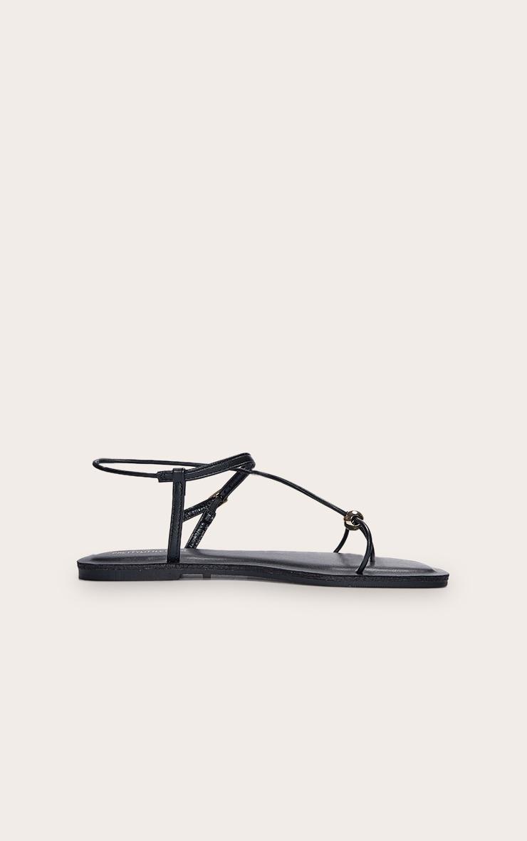Black Pu Square Toe Thong Gold Trim Flat Sandals Product Image