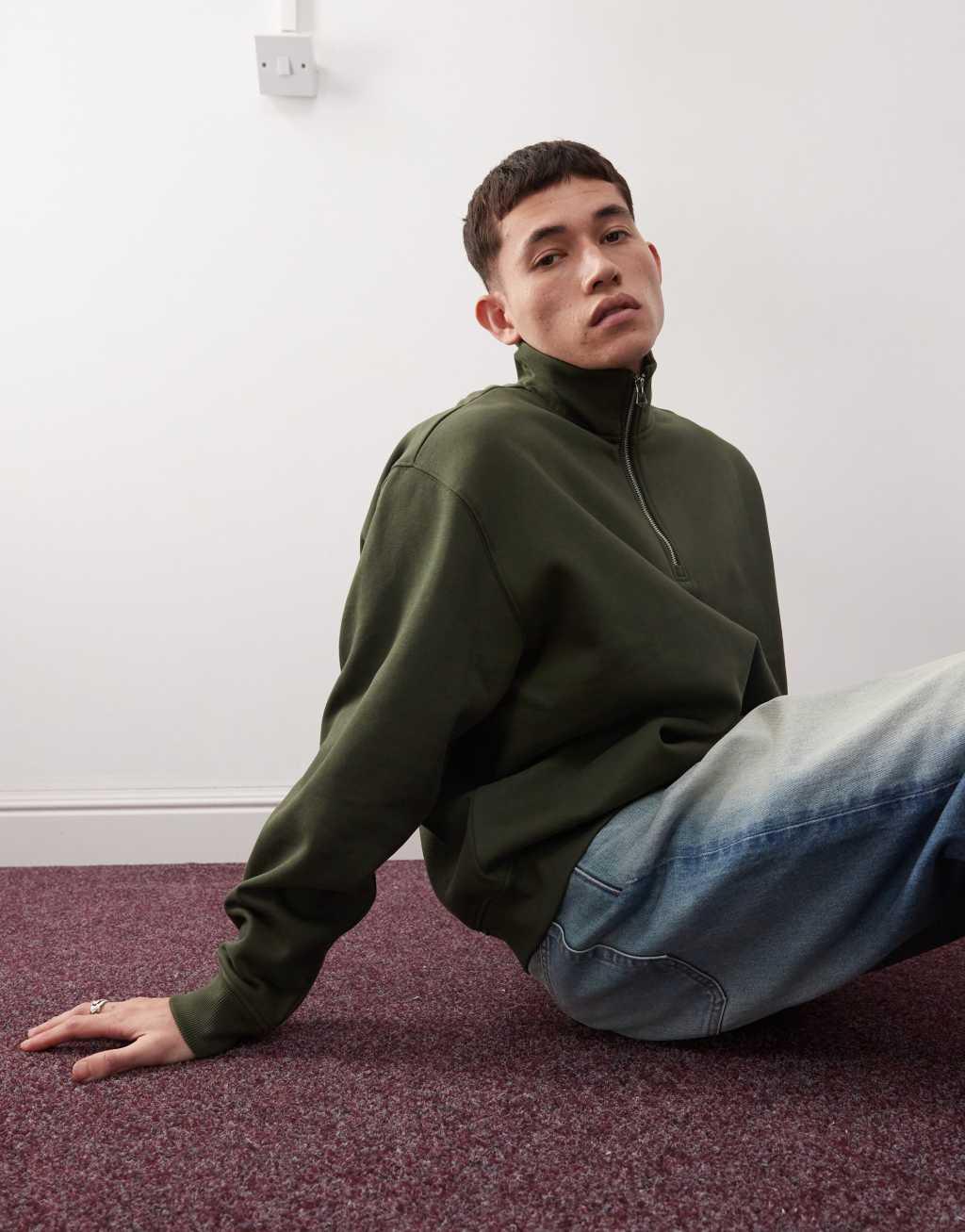 Weekday oversized heavyweight jersey half zip sweatshirt in khaki Product Image