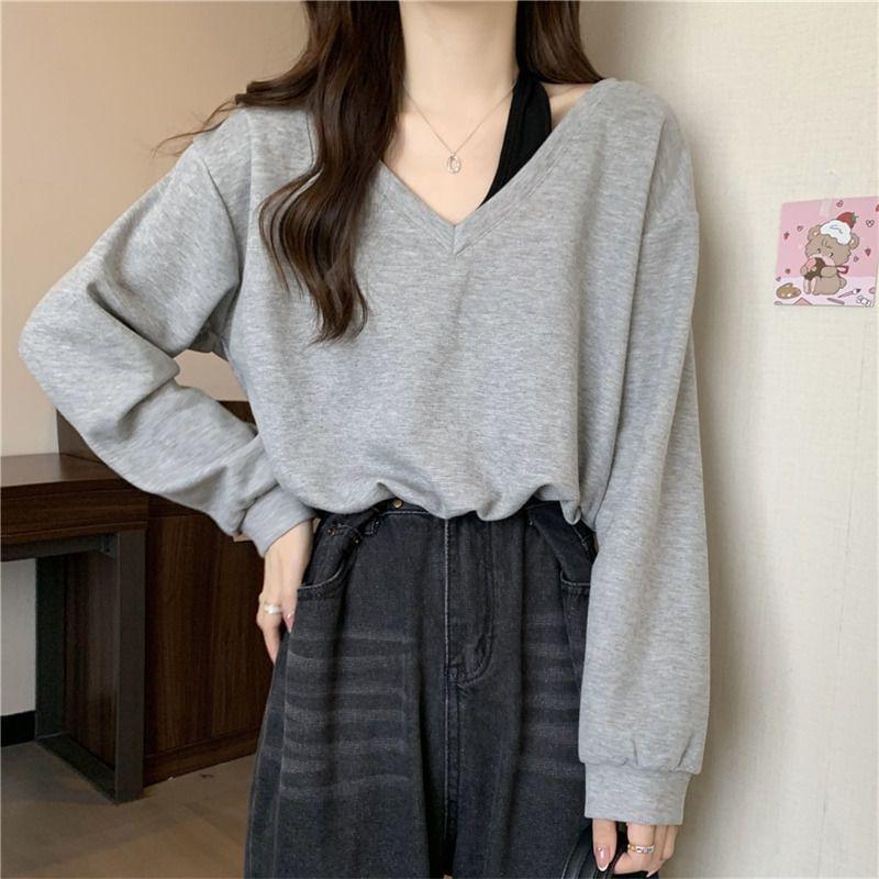 V-Neck Plain Mock Two-Piece Pullover Product Image