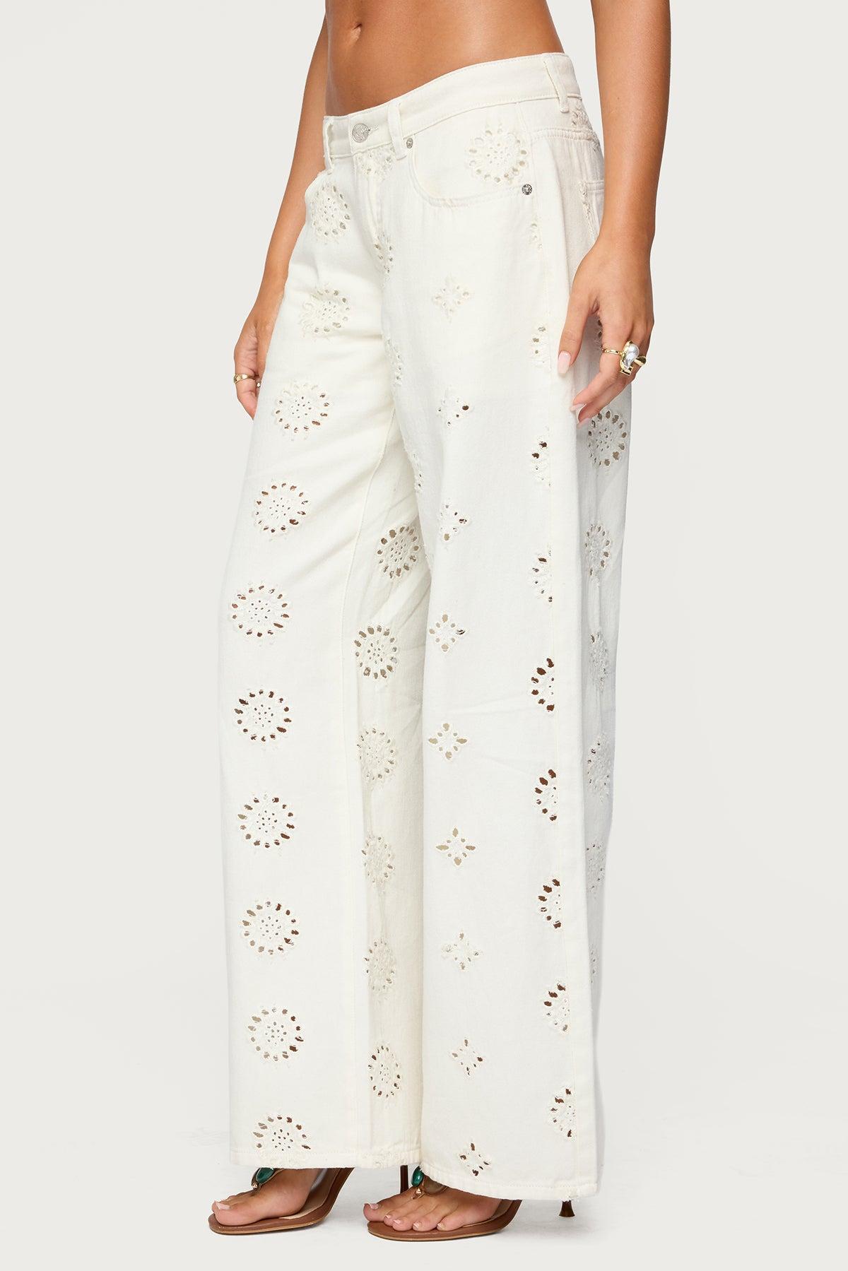 Eyelet Low Rise Wide Leg Jeans Product Image
