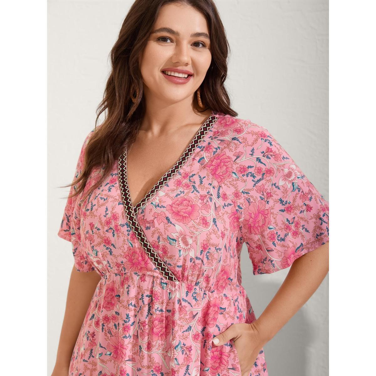Plus Size Rosy Floral Print Lace Maxi Dress Blush Women Overlap Collar Short sleeve Curvy BloomChic 22-24/3X Product Image