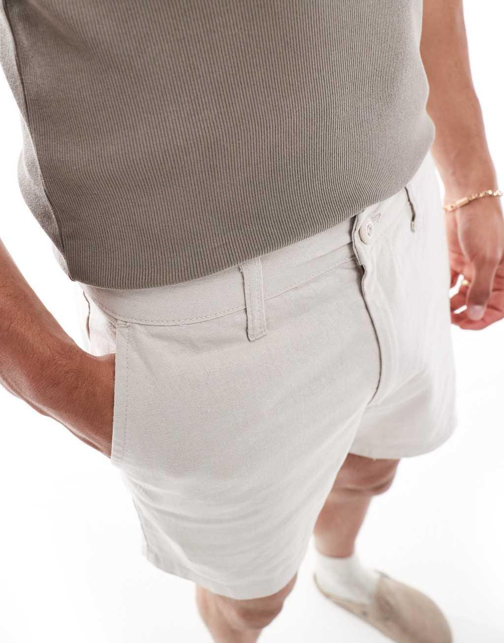 ASOS DESIGN slim linen shorts in beige Product Image