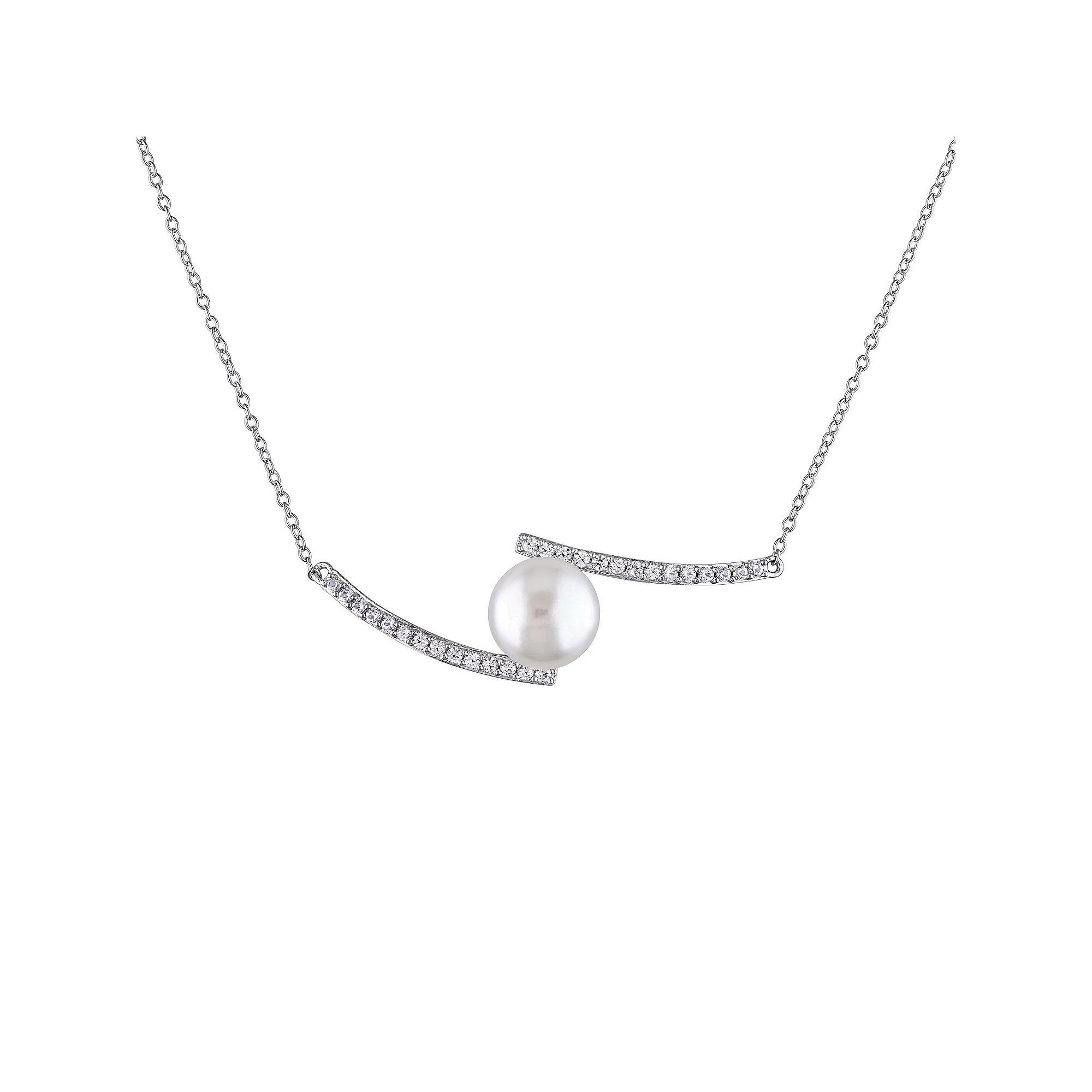 Stella Grace Freshwater Cultured Pearl & Lab-Created White Sapphire Bypass Necklace, Women's, Size: 18", Sterling Product Image