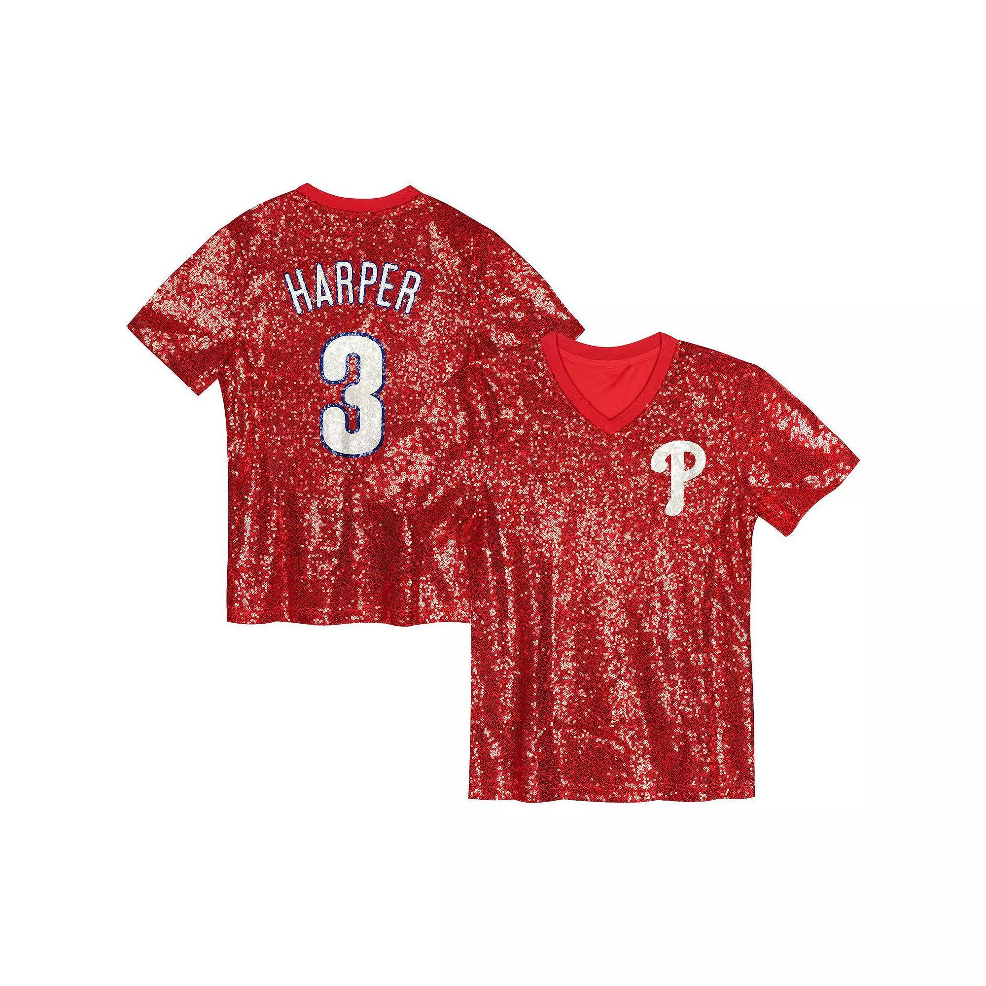 Juniors Bryce Harper Red Philadelphia Phillies Name & Number Sequin V-Neck Top, Women's, Size: JR Small Product Image
