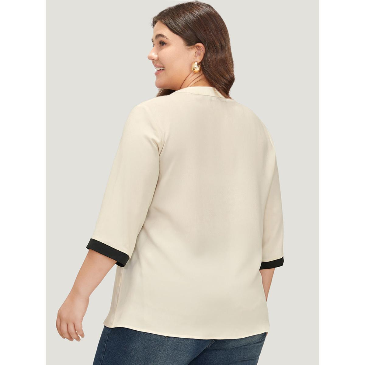 Plus Size Ivory Contrast Trim Knot Neck Blouse Women Office Elbow-length sleeve Tie Neck Work Blouses BloomChic 18-20/2X Product Image