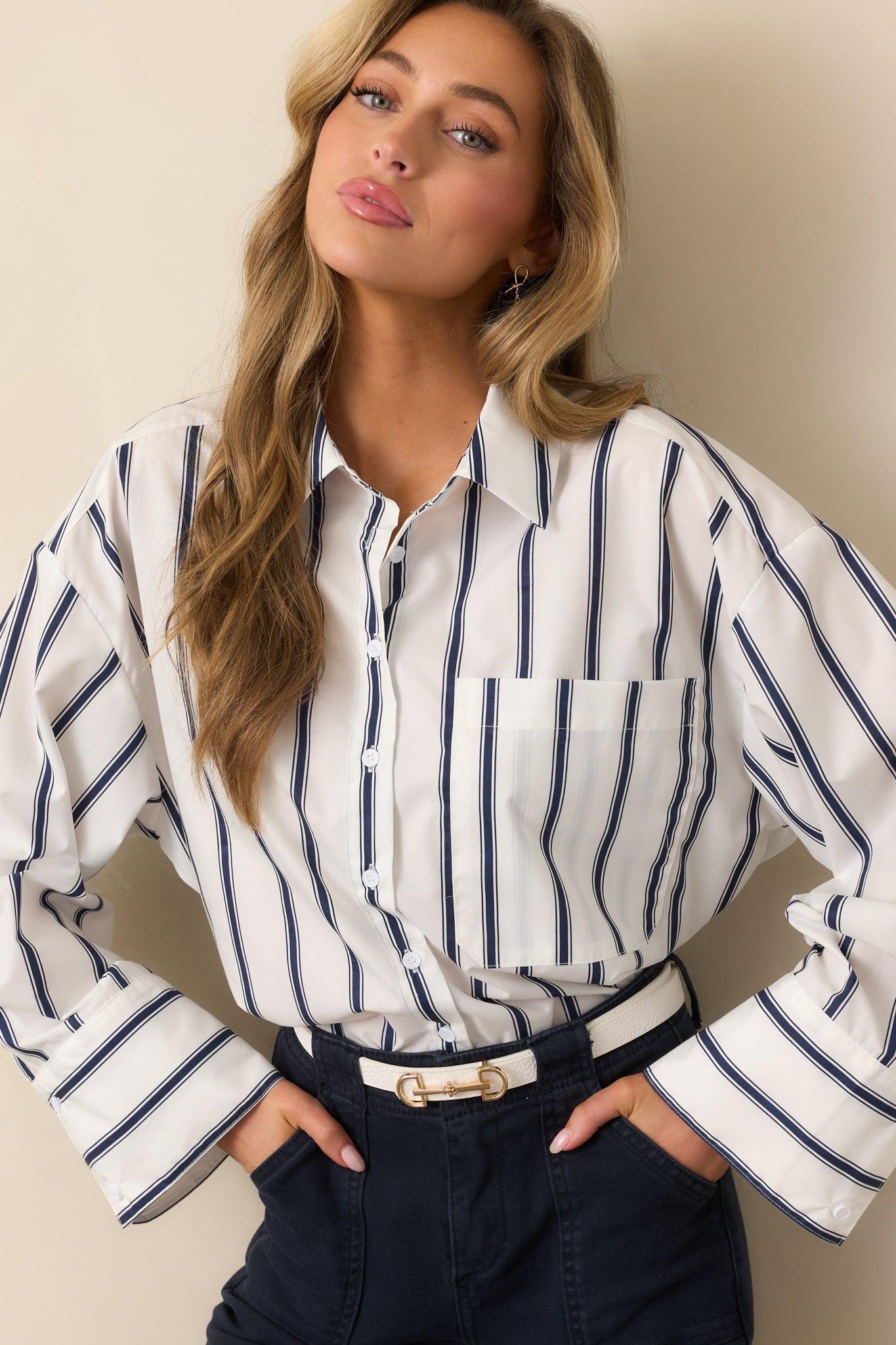 Unfinished Business Navy Stripe Button Front Top Product Image