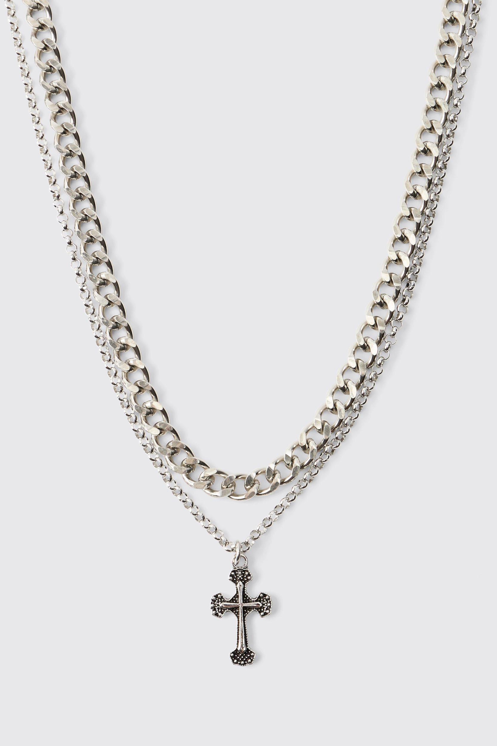Layered Cross Necklace In Silver | boohooMAN USA Product Image