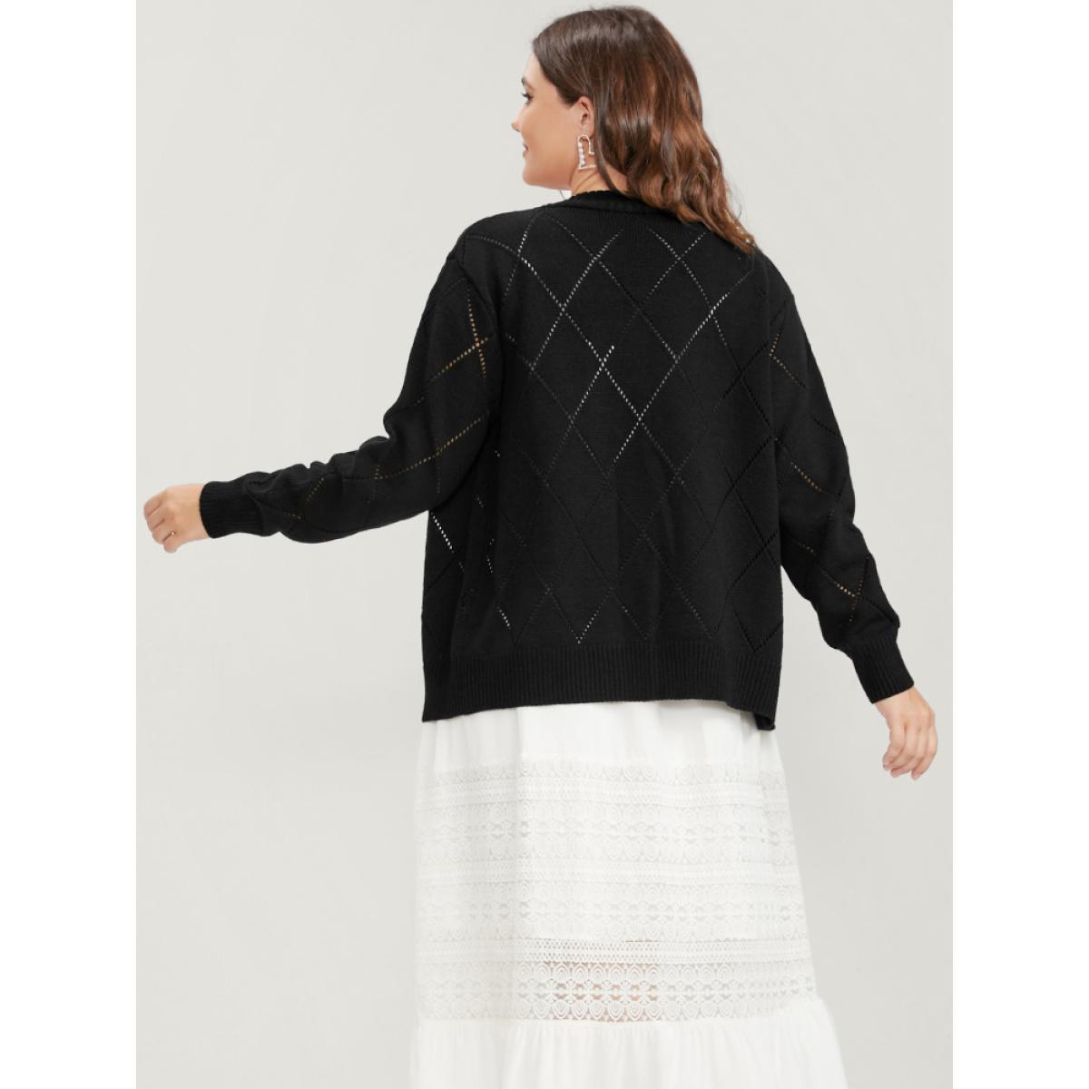 Plus Size Solid Pointelle Knit Pearl Beaded Crochet Button Front Cardigan Black Women Elegant Loose Long Sleeve Dailywear Cardigans BloomChic 28/5X Product Image