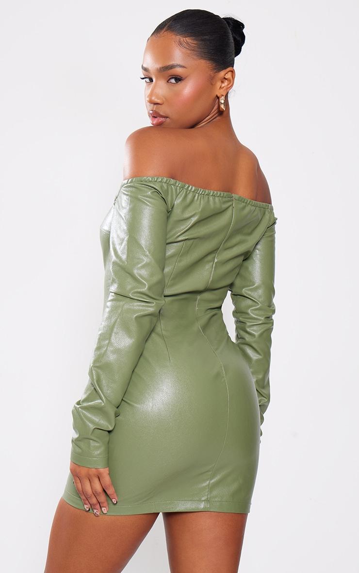Khaki Faux Leather Bardot Long Sleeve Shift Dress Product Image