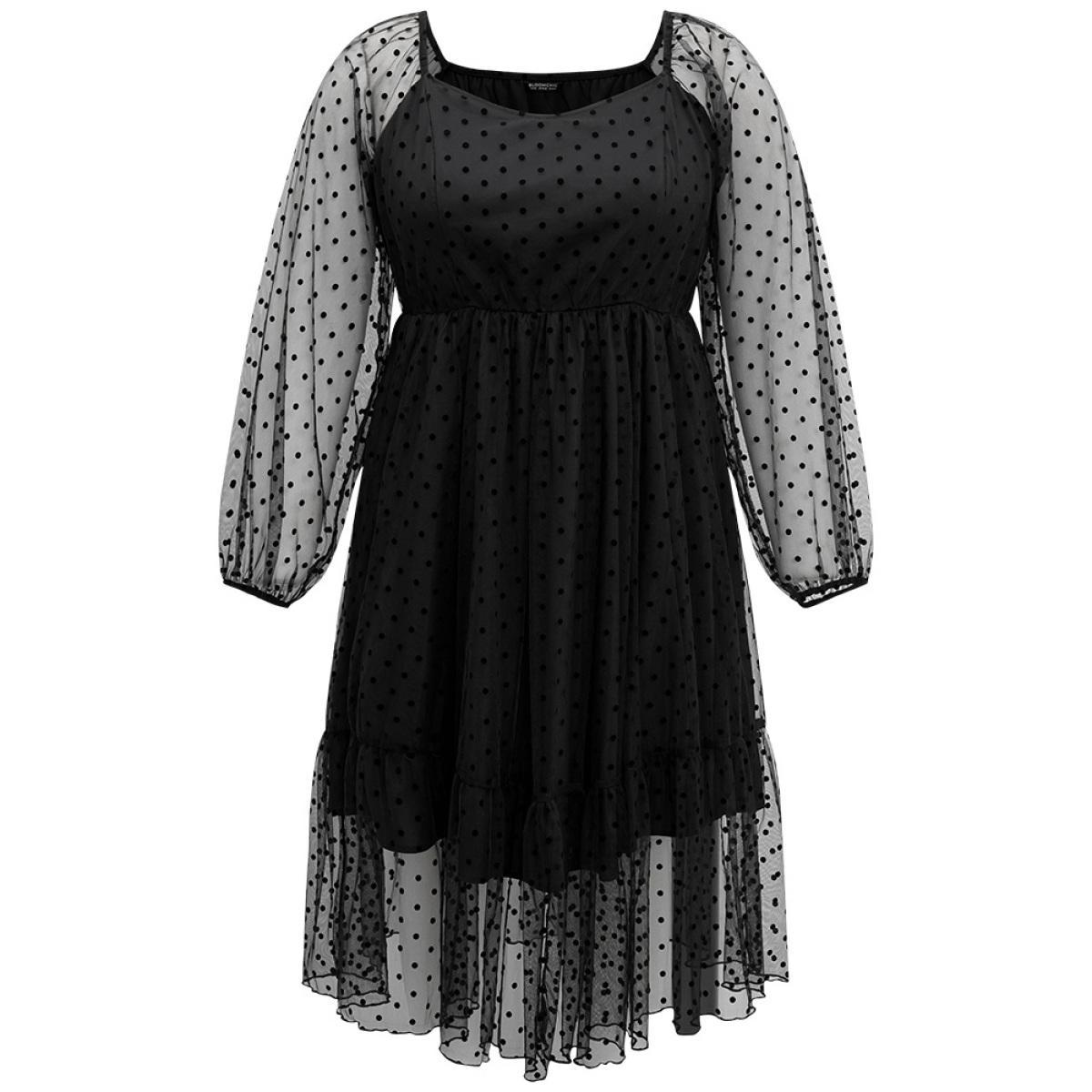 Plus Size Polka Dot Mesh Pocket Square Neck Dress Black Women Elegant Texture Square Neck Long Sleeve Curvy Midi Dress BloomChic 26/4X Product Image
