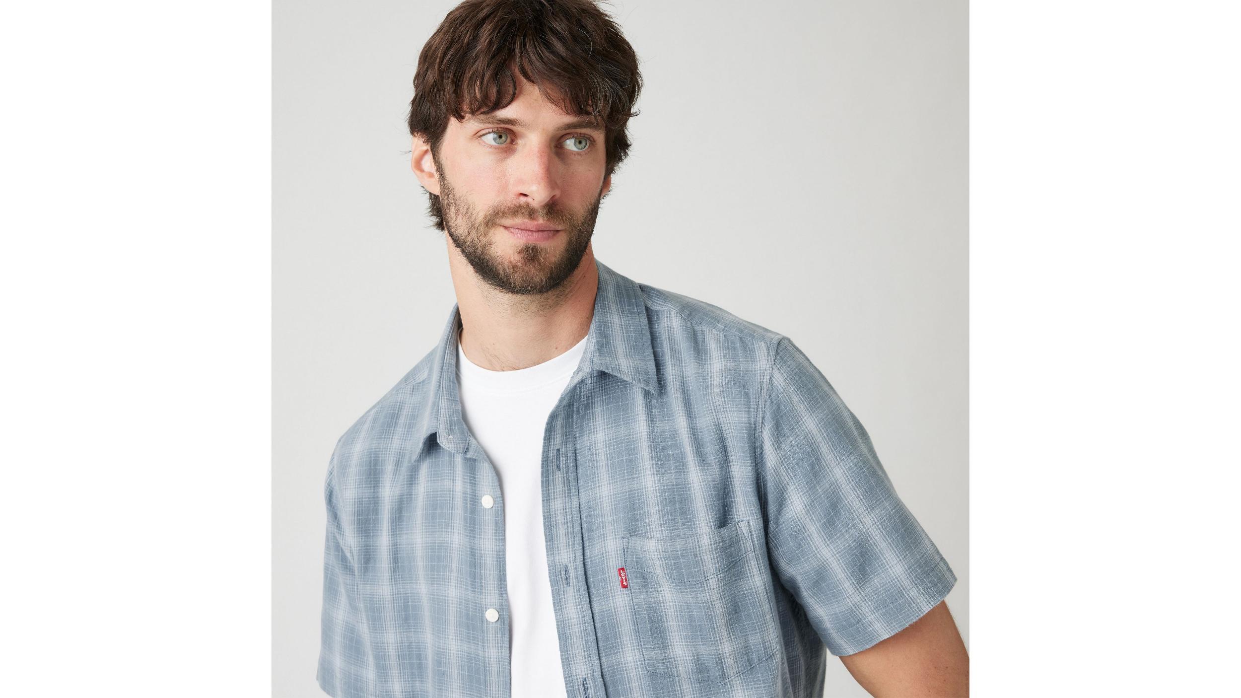 Short Sleeve Sunset Cotton Linen One Pocket Shirt Product Image
