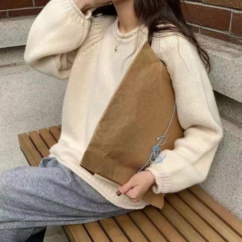 Puff-Sleeve Crew Neck Plain Sweater Product Image