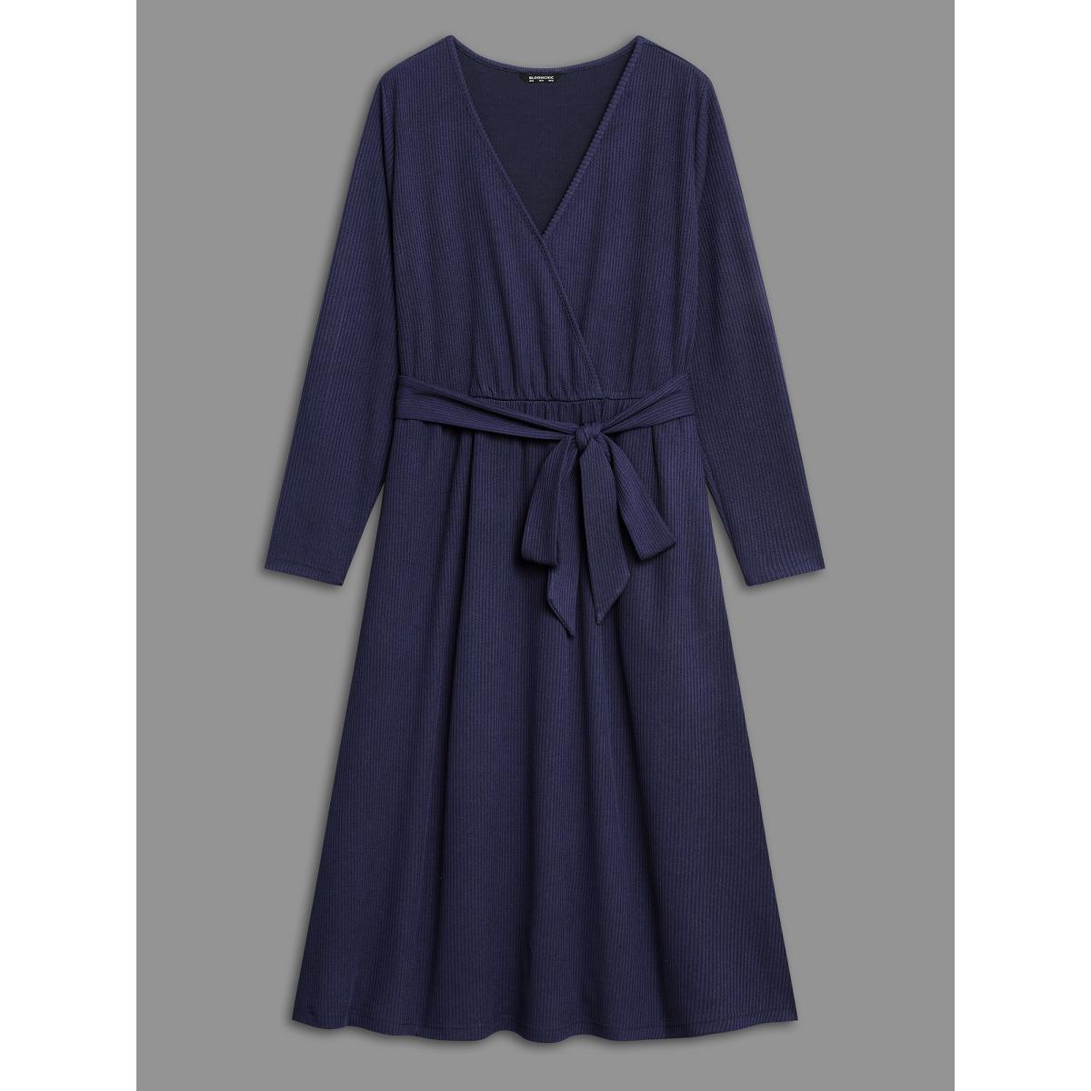 Plus Size Solid Overlap Collar Belted Knit Dress DarkBlue Women Casual Texture Knit Dresses Bloomchic 10/M Product Image