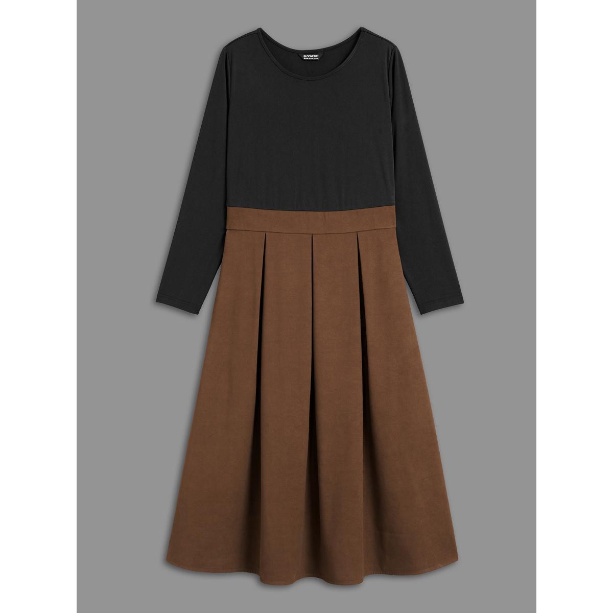 Plus Size Crew Neck Contrast Shirred Pleated Dress Browncoffeecolor Women Casual Contrast Round Neck Long Sleeve Curvy BloomChic 14-16/1X Product Image