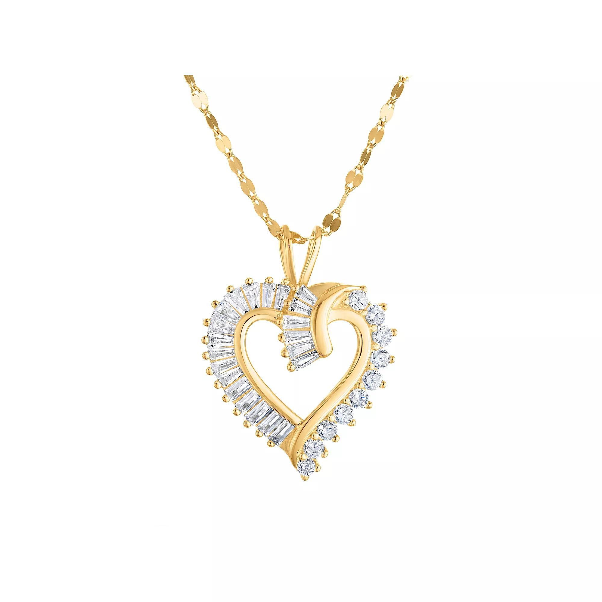 14k Gold Over Sterling Silver Cubic Zirconia Baguette Heart Pendant Necklace, Women's, Size: 18", Gold Tone Product Image