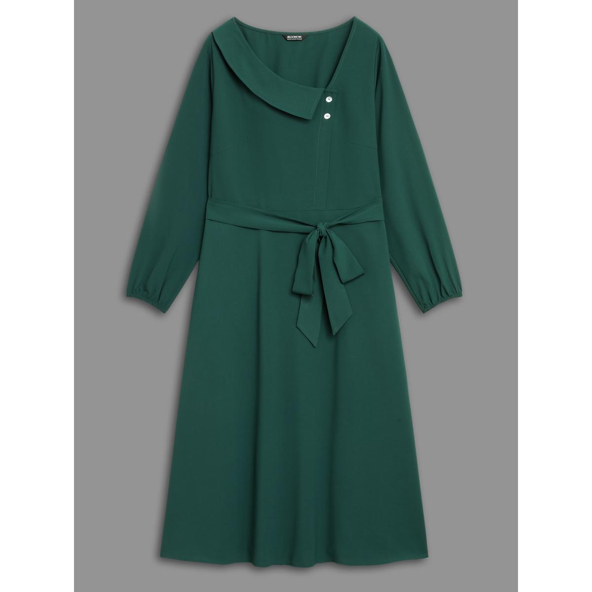 Plus Size Asymmetrical Neckline Waist-Tie Midi Dress DarkSlateGray Women Elegant Belted Party Curvy Bloomchic 30/6X Product Image