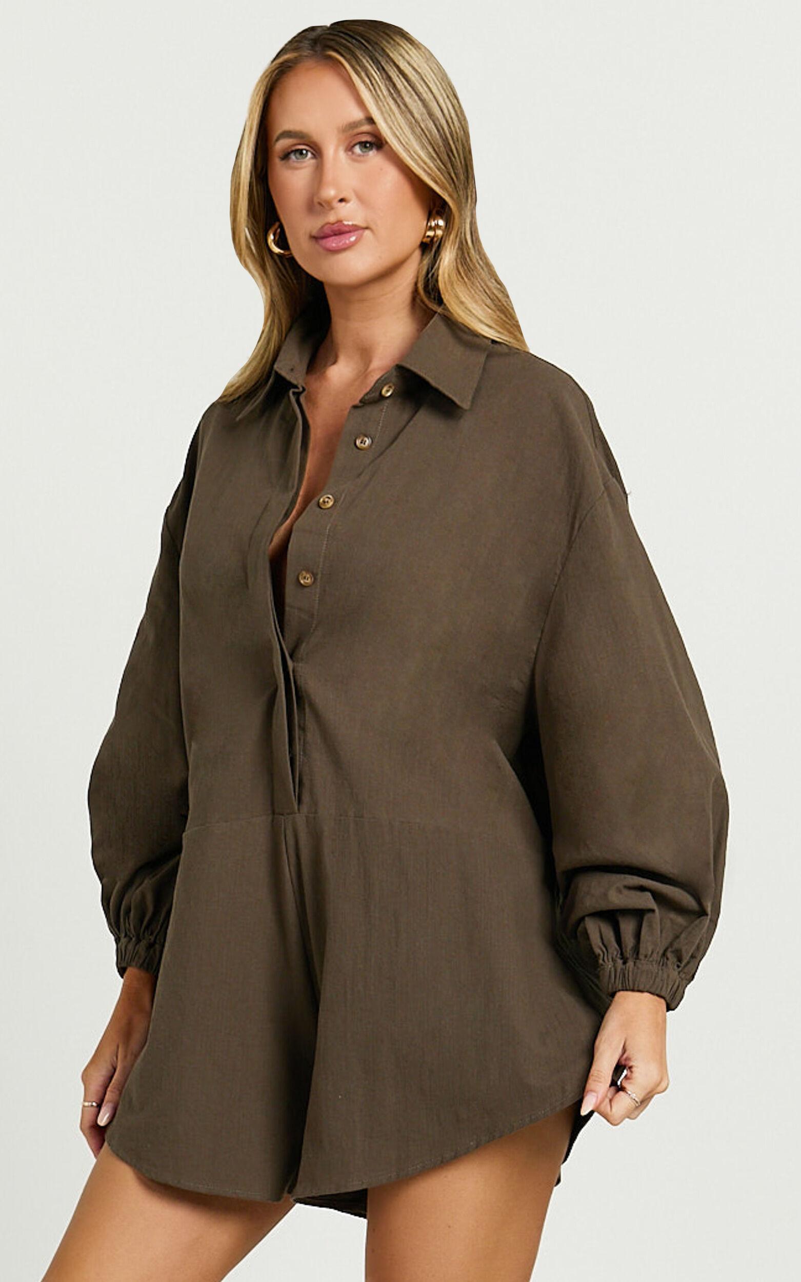 Anka Playsuit - Relaxed Button Front Shirt Playsuit in Khaki Product Image