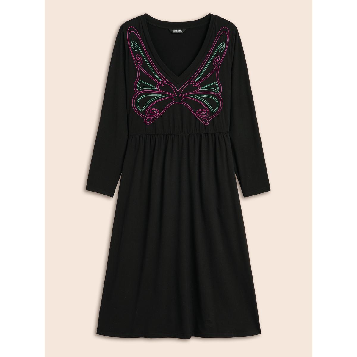 Plus Size Butterfly Embroidered V Neck Midi Dress Black Women Elegant Embroidered V-neck Long Sleeve Curvy BloomChic 10/M Product Image
