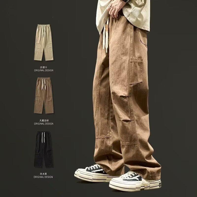 Drawstring Waist Plain Loose Fit Cargo Pants Product Image