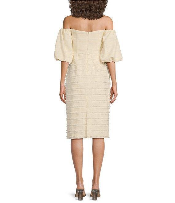 Belle by Badgley Mischka Cala Fringed Linen Off-The-Shoulder Puff Sleeve Midi Dress Product Image