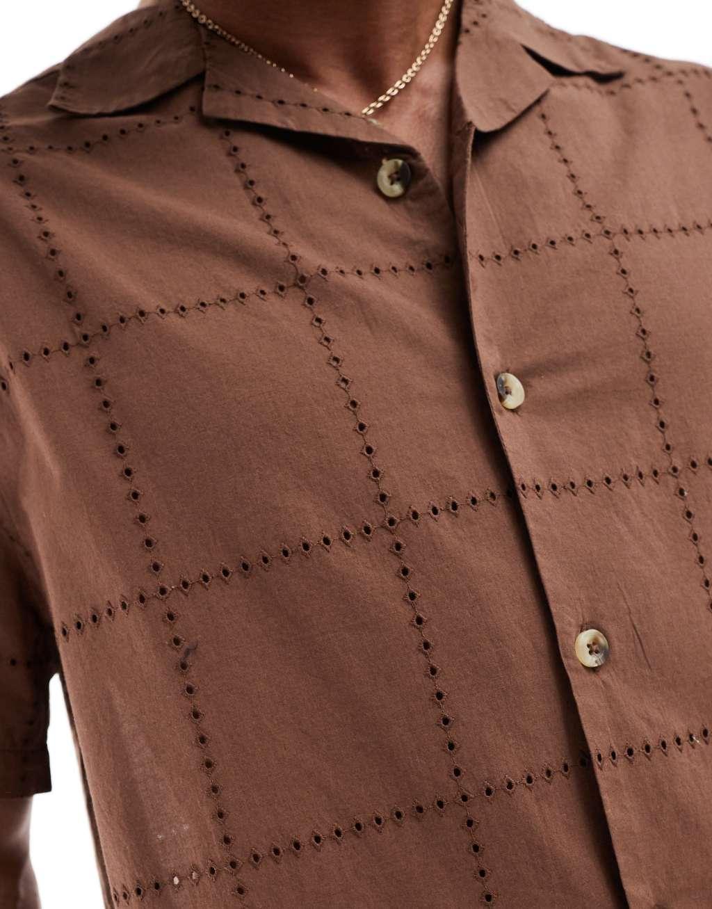 ASOS DESIGN relaxed camp collar shirt in checkerboard eyelet in brown Product Image
