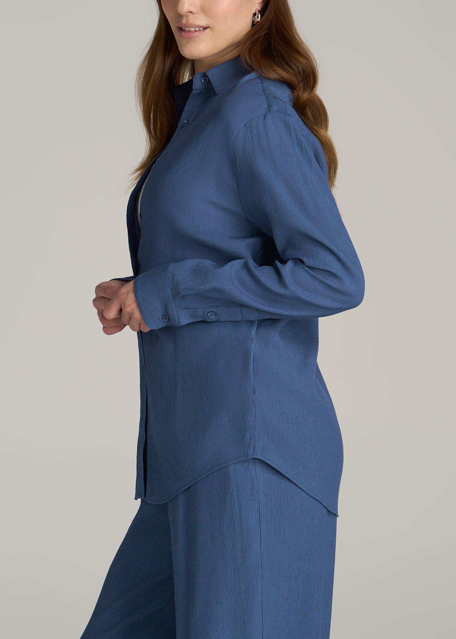 Long Sleeve Crinkle Tall Women's Blouse in Steel Blue Product Image