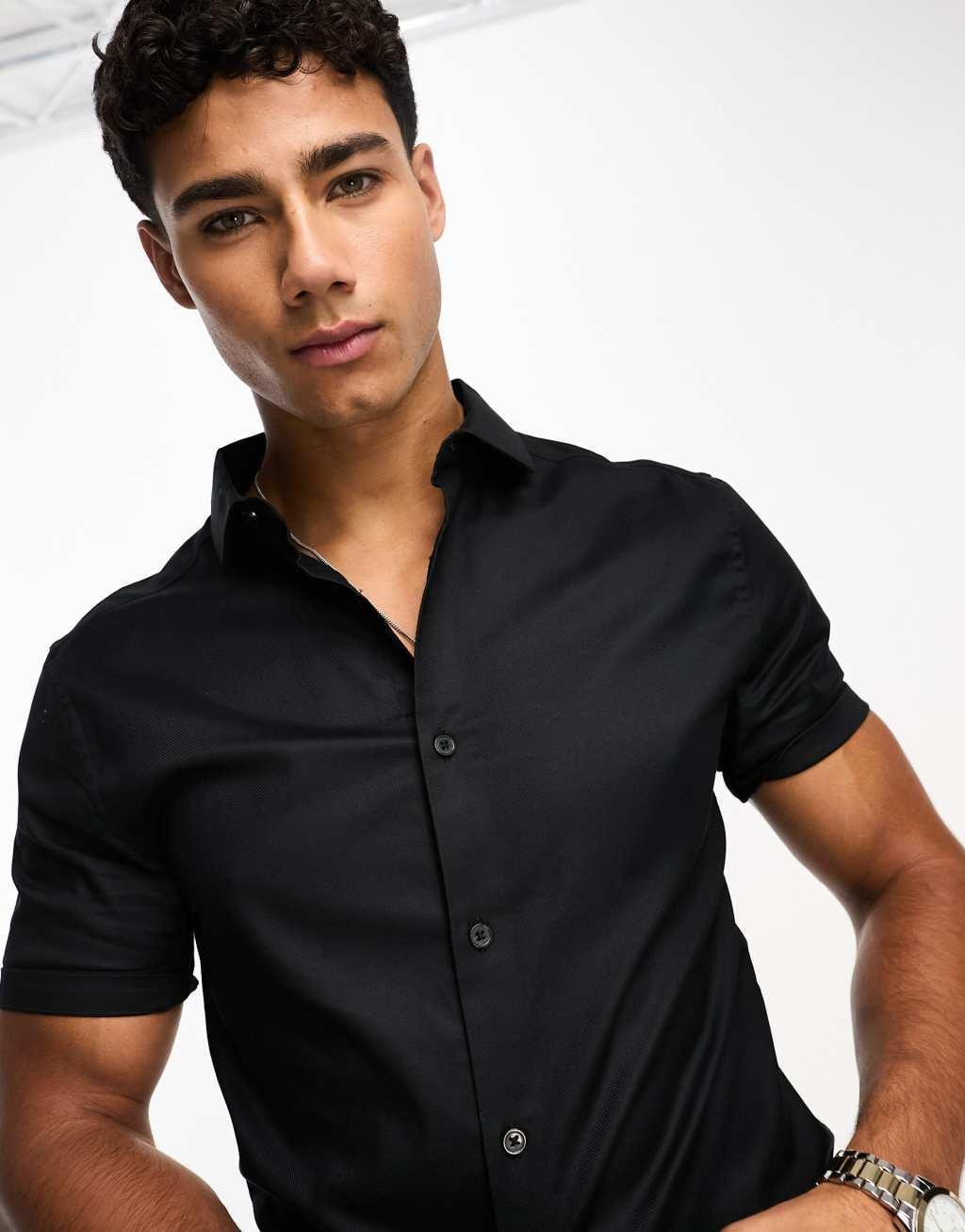 ASOS DESIGN skinny fit royal oxford shirt with cutaway collar in black | ASOS Product Image