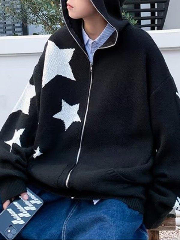 Men's Star Jacquard Zip Up Hooded Cardigan Product Image
