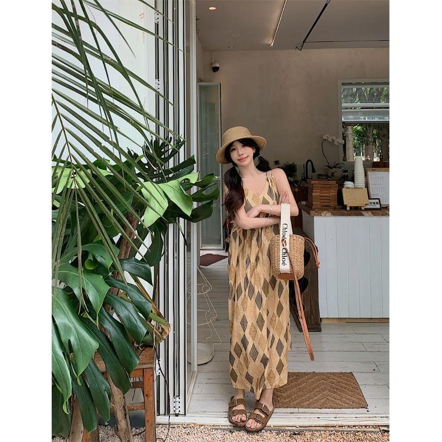 Spaghetti Strap V-Neck Argyle Maxi A-Line Dress Product Image