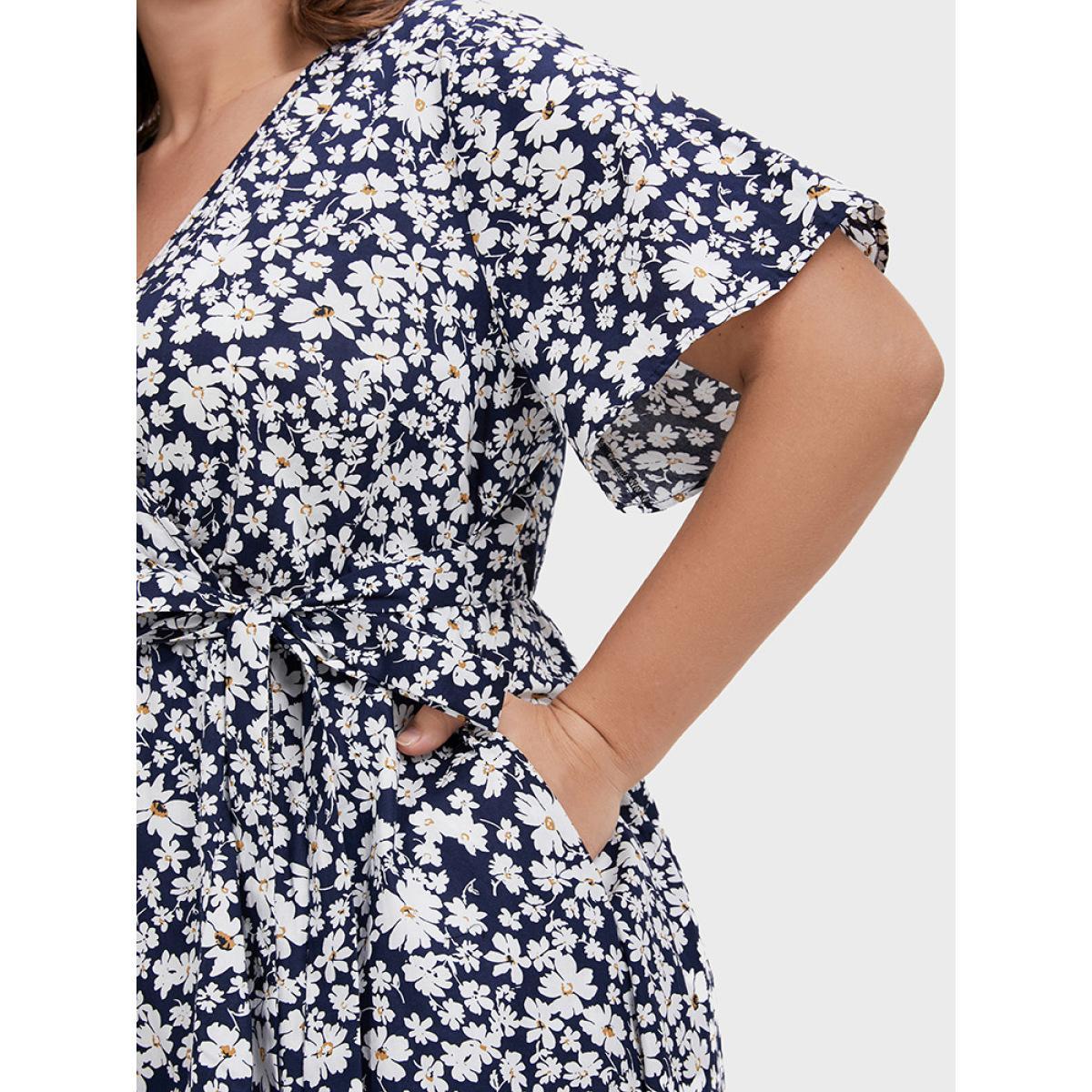 Plus Size Floral Belted Ruffles Split Pocket Wrap Dress DarkBlue Women Elegant Cross straps V-neck Short sleeve Curvy Midi Dress BloomChic 26/4X Product Image