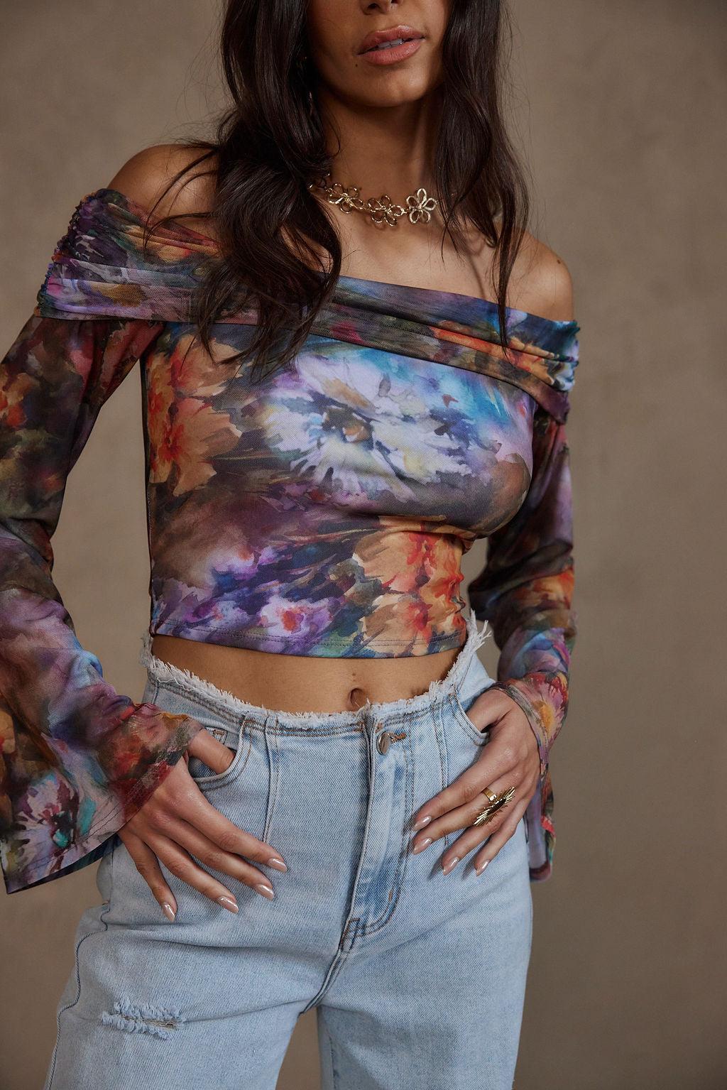 Amelia Floral Abstract Off the Shoulder Long Sleeve Top Product Image