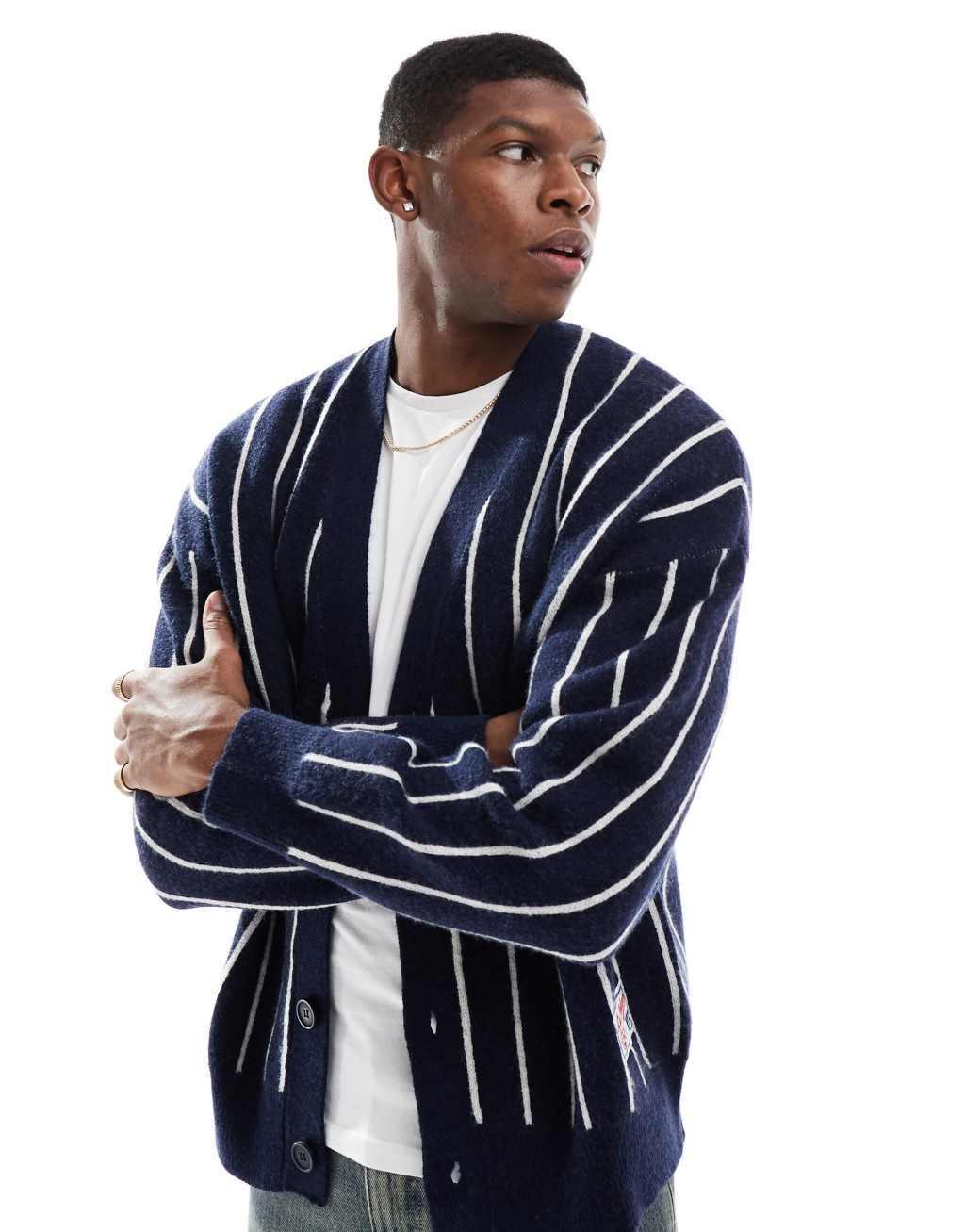 Bershka knitted stripe cardigan in navy Product Image