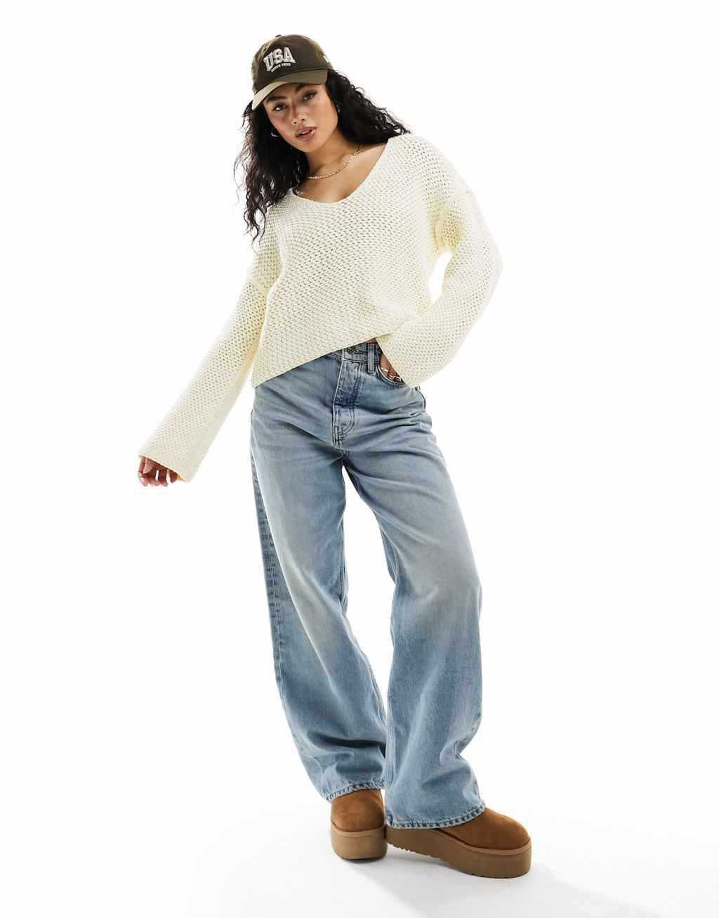 ASOS DESIGN v neck sweater in textured stitch in cream Product Image