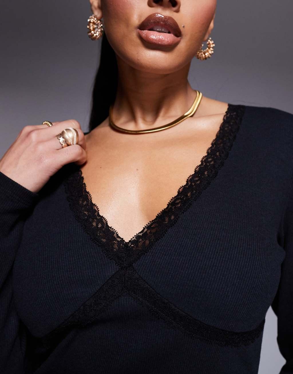 ASOS DESIGN plunge lace trim long sleeve top in black Product Image