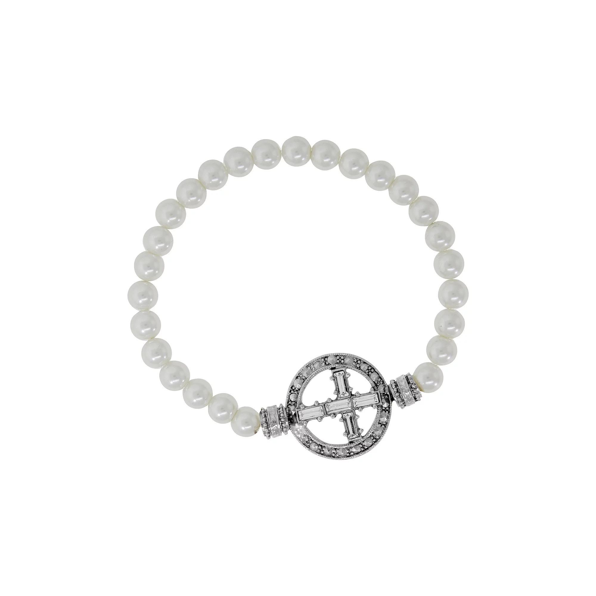 Symbols of Faith Gold Tone Crystal Cross Faux Pearl Stretch Bracelet, Womens, Silver Tone White Product Image