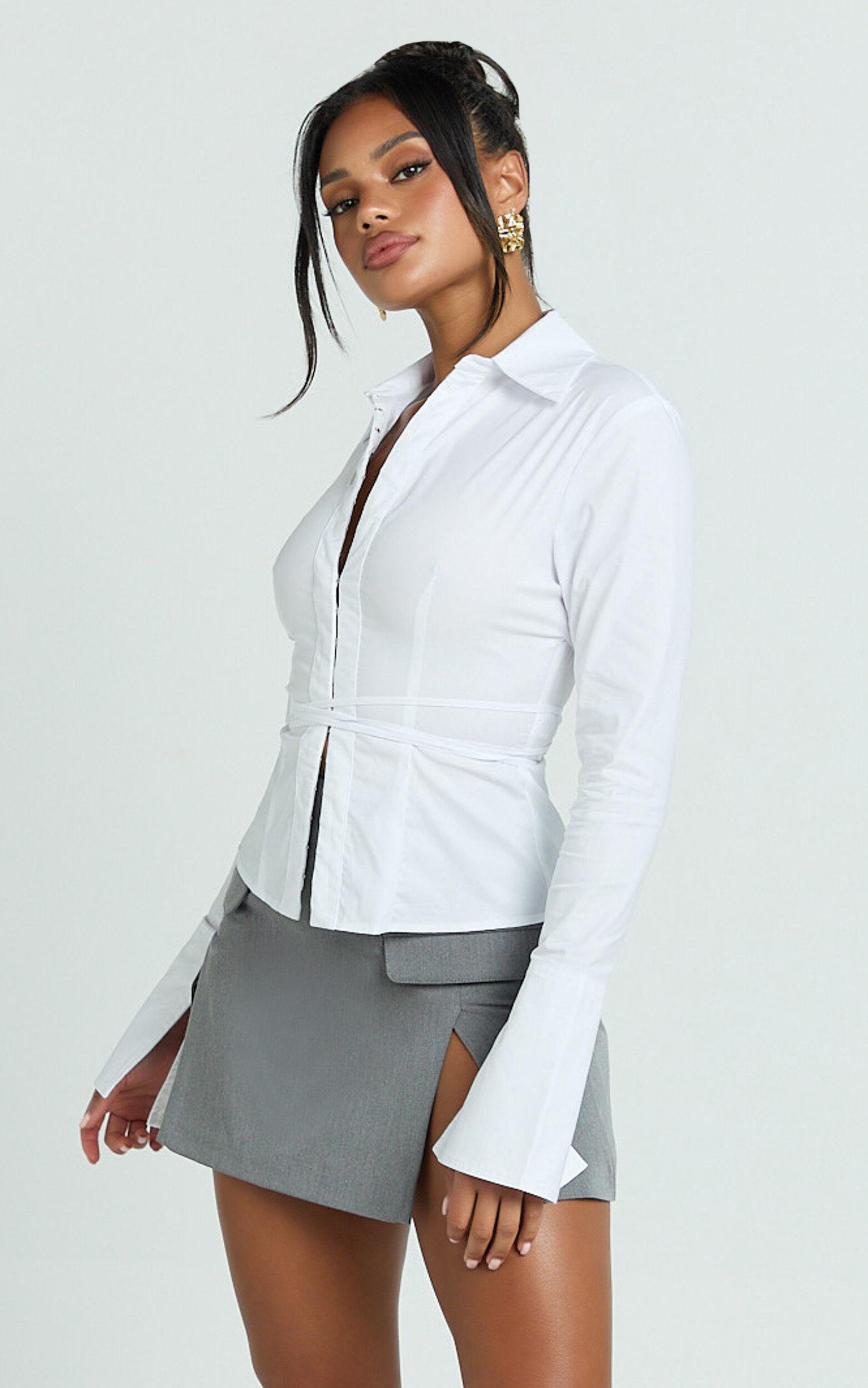 Katherine Top - Collared Plunge Flared Sleeve Top in White Product Image