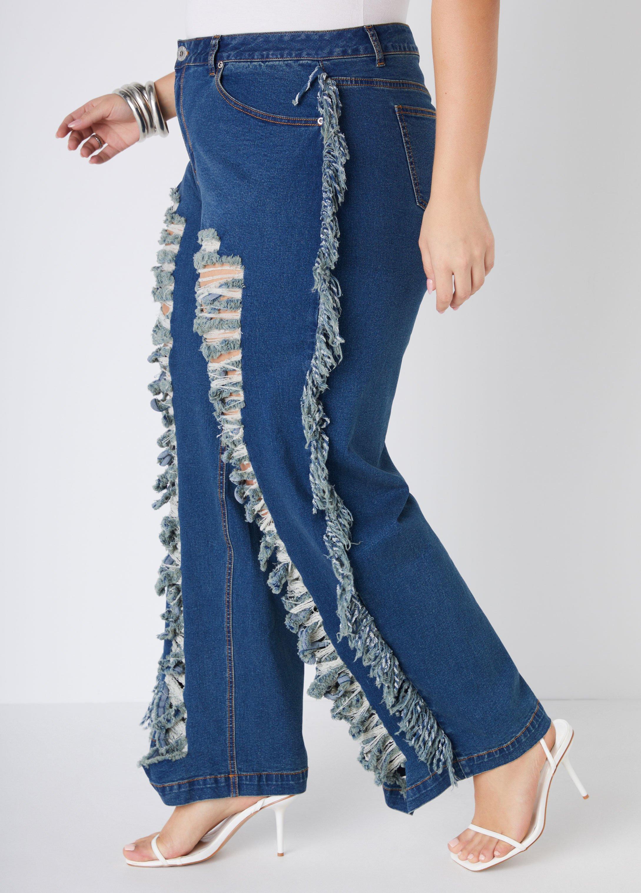 Plus Size Fringed Distressed Wide Leg Jeans Ashley Stewart Product Image