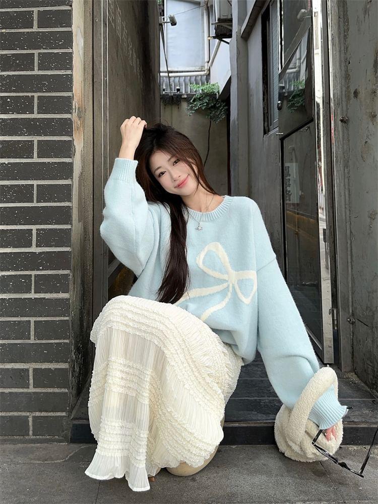 Round Neck Bow Print Oversized Sweater / Mid Rise Plain Ruffle Trim Maxi Skirt / Mid Rise Plain Wide Leg Pants Product Image