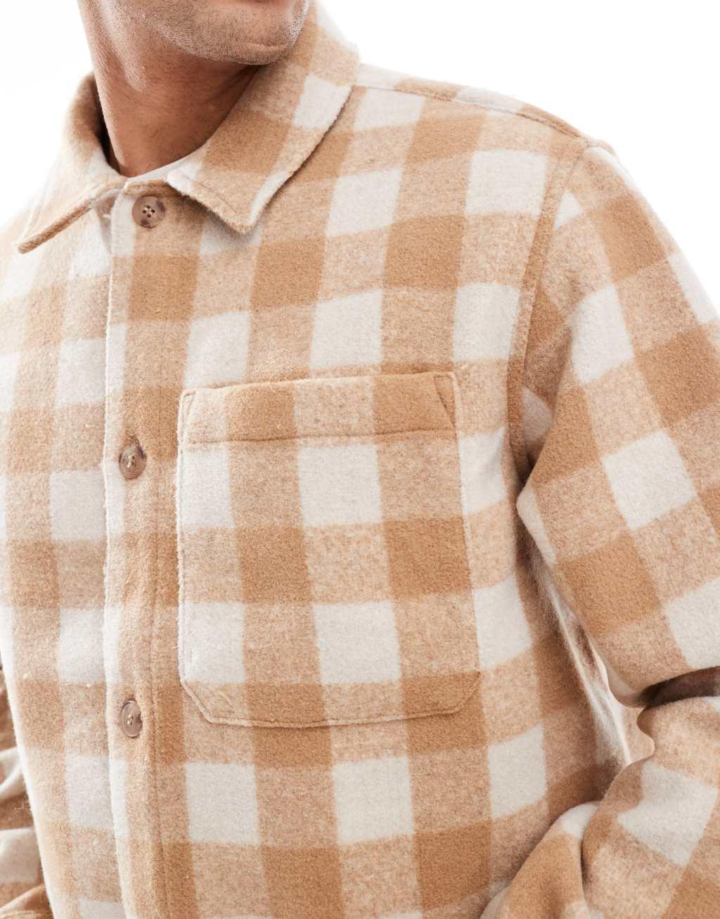 Jack & Jones heavy brushed check overshirt in beige  Product Image
