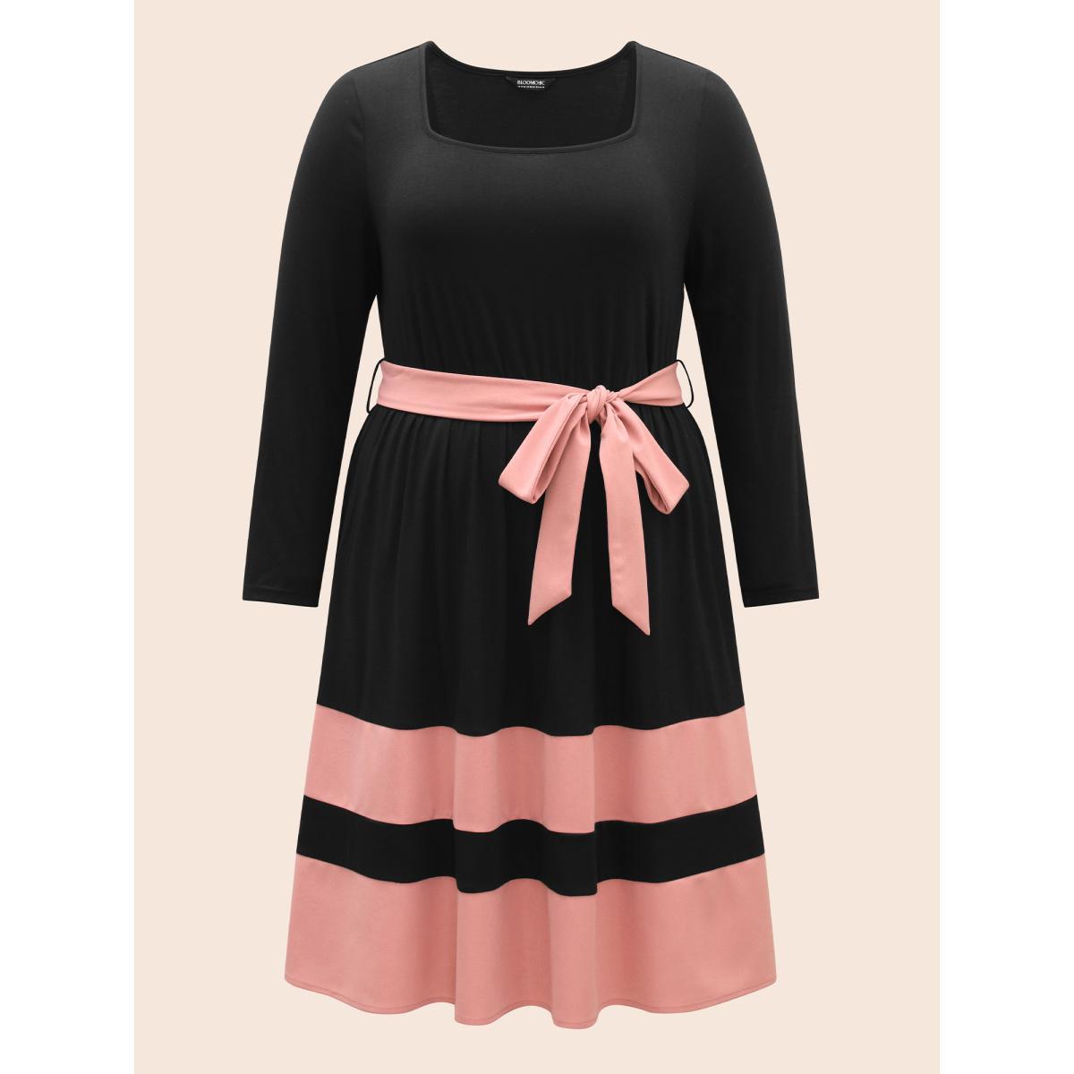 Plus Size Two Tone Belted Bowknot Square Neck Dress Black Women Elegant Non Square Neck Long Sleeve Curvy Knee Dress BloomChic 18-20/2X Product Image