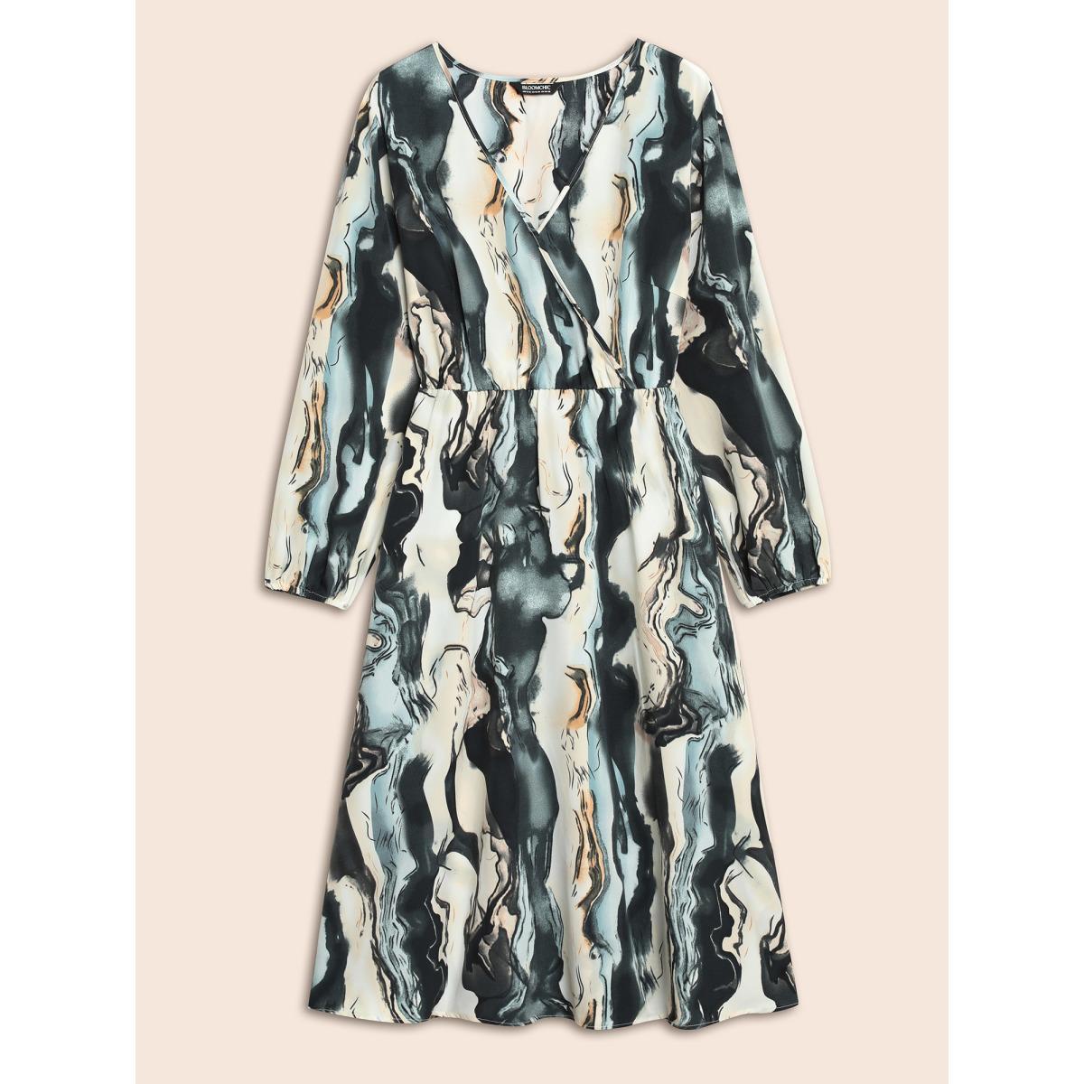Plus Size Watercolor Floral Overlap Collar Midi Dress Aegean Women Elegant Gathered Overlap Collar Long Sleeve Curvy BloomChic 26/4X Product Image