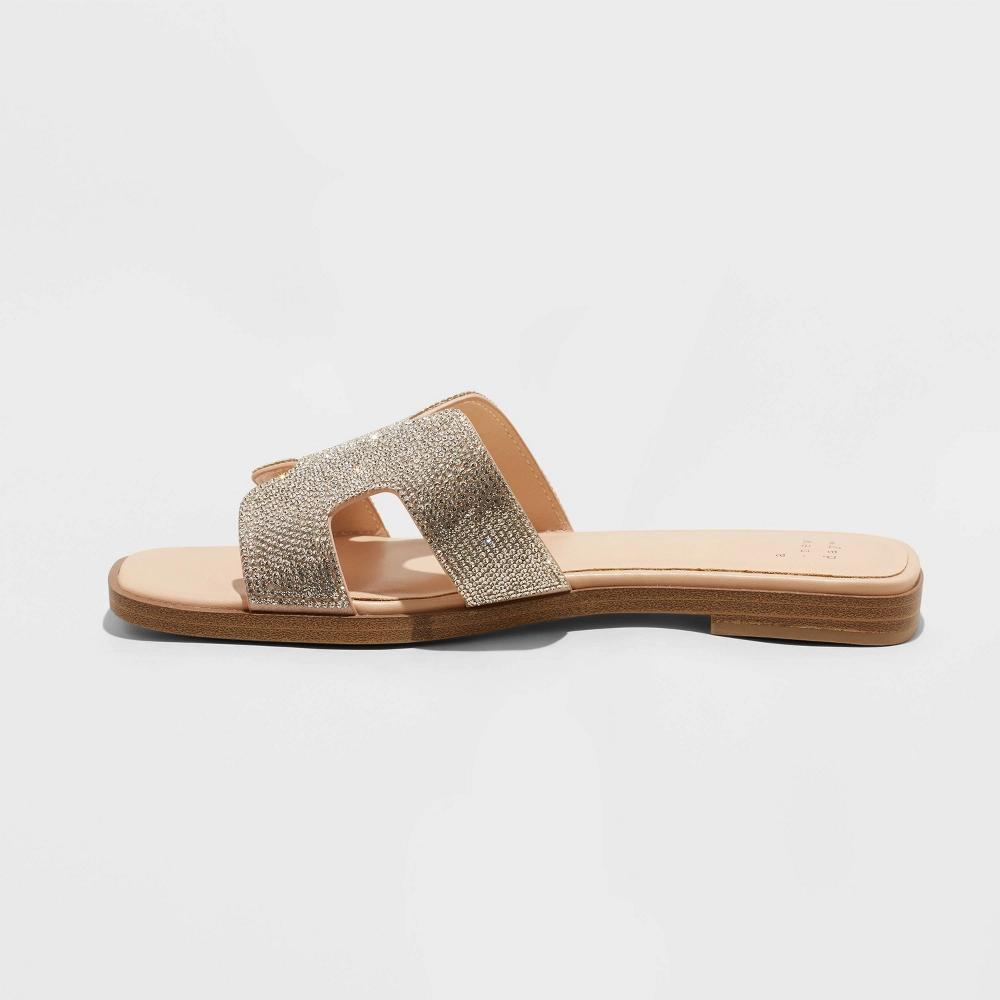 Womens Nina Rhinestone Wide Width Flat Sandals - A New Day Silver 10W Product Image